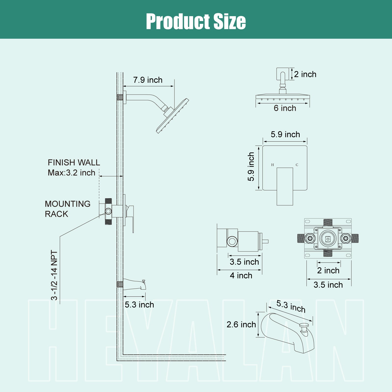 Heyalan  Shower Faucet Set with 6-Inch Square Showerhead 2 Function Shower Trim Kit with Solid Brass Male Thread Rough-in Valve Single-Handle Shower System with Tub Spout