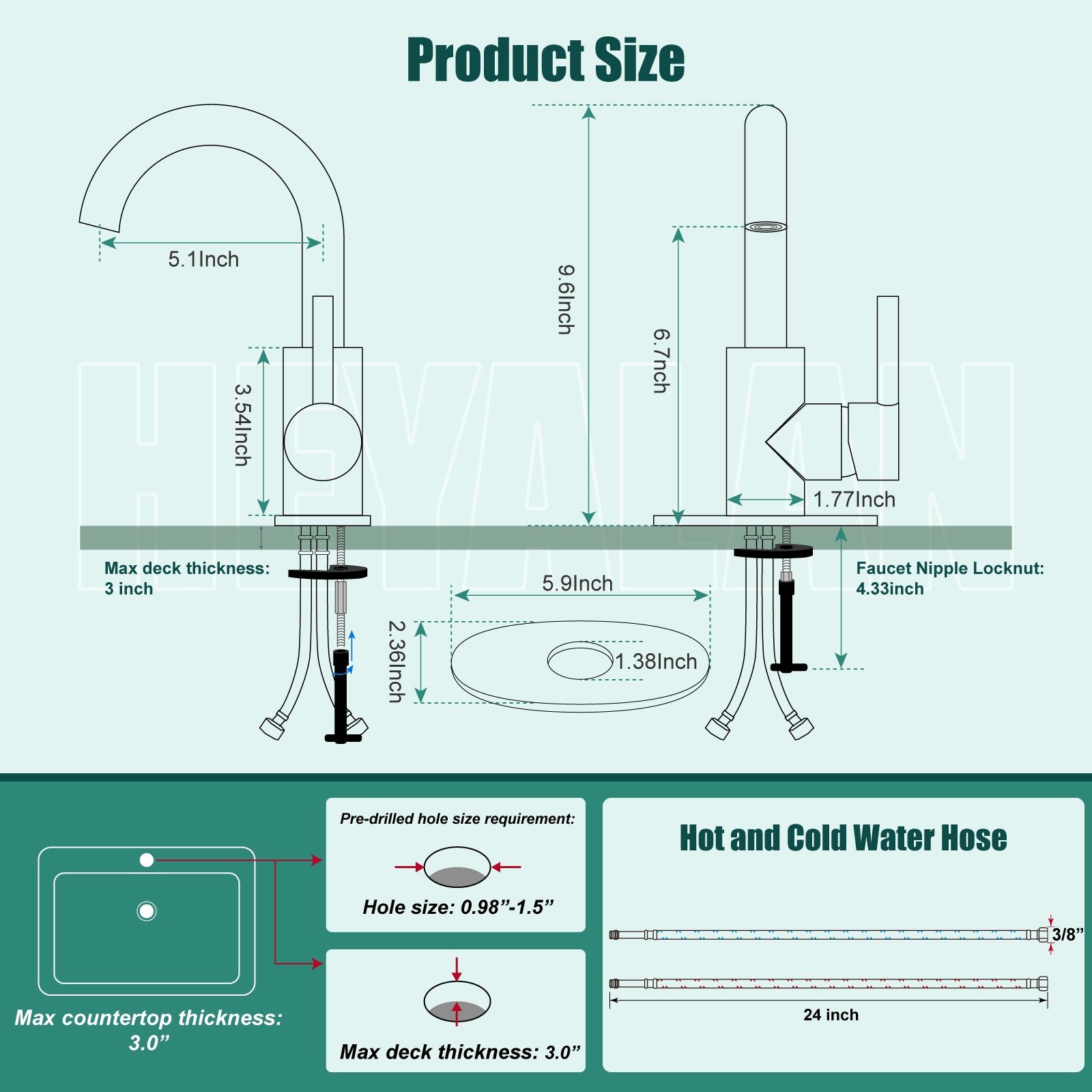 Heyalan Bar Sink Faucet 1 Hole Bathroom Sink Faucet,Stainless Steel 1 Handle with Cold and Hot Water Temperature RV Kitchen Restroom Utility Outdoor Faucet for Vanity Lavatory