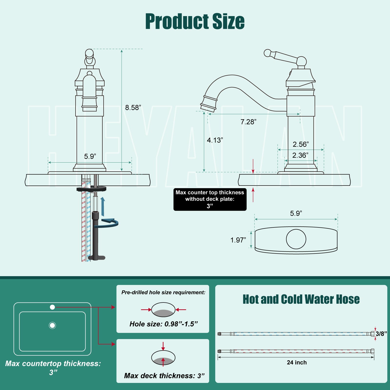 Heyalan Bathroom Sink Faucet  Deck Mount Single Hole One Handle Lavatory Assembly Brass Vanity Basin Mixer Tap Pop Up Drain Included Hot and Cold Water