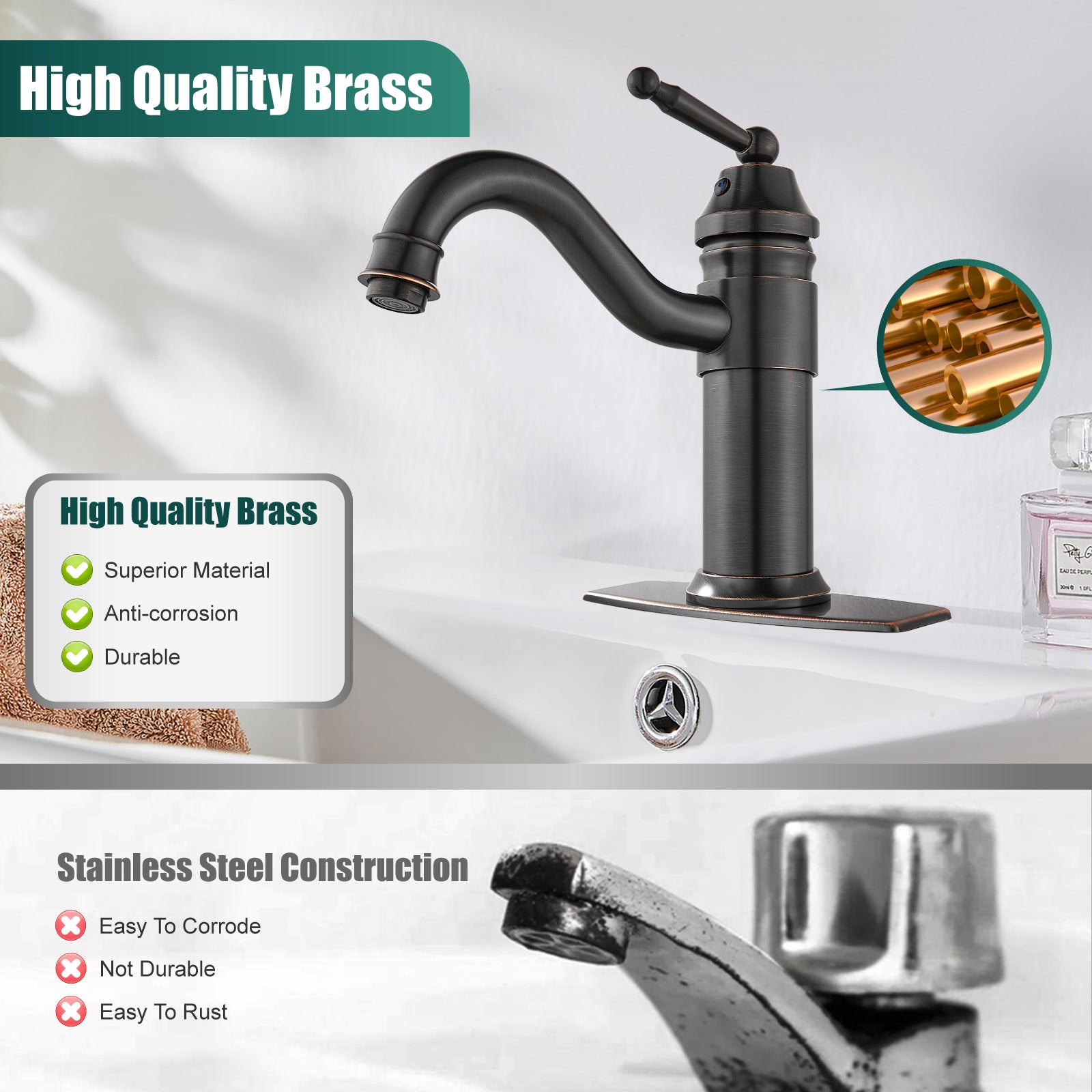 Heyalan Bathroom Sink Faucet  Deck Mount Single Hole One Handle Lavatory Assembly Brass Vanity Basin Mixer Tap Pop Up Drain Included Hot and Cold Water