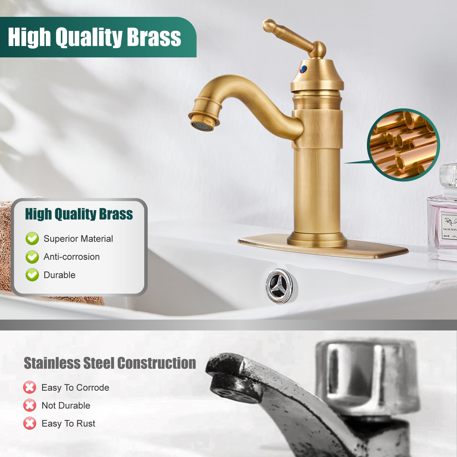 Heyalan Bathroom Sink Faucet Brass One Hole Single Handle Lavatory Fixture Deck Mounted Vanity Vessel Mixer Tap Pop Up Drain Included Hot and Cold Water