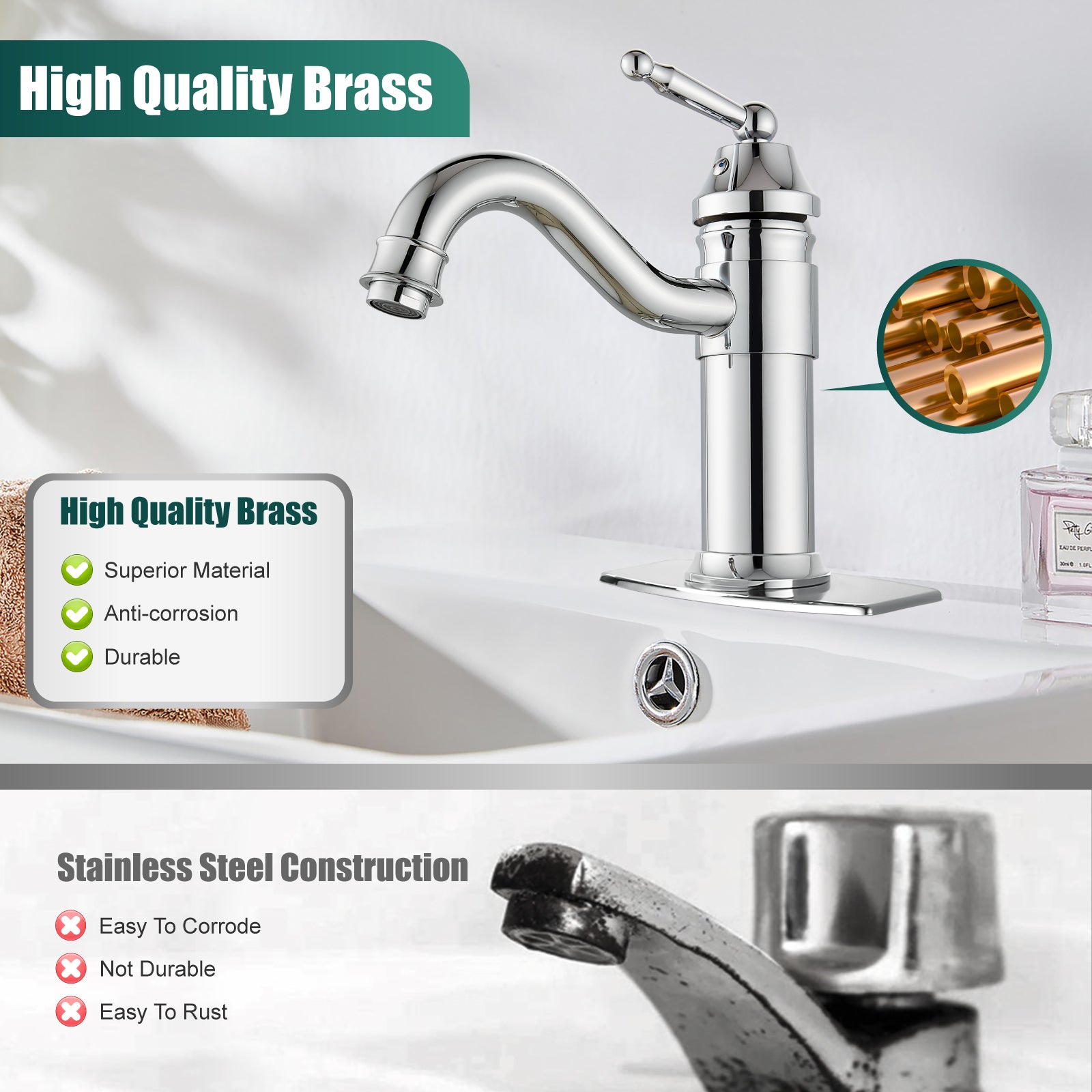 Heyalan Bathroom Sink Faucet  Deck Mount Single Hole One Handle Lavatory Assembly Brass Vanity Basin Mixer Tap Pop Up Drain Included Hot and Cold Water