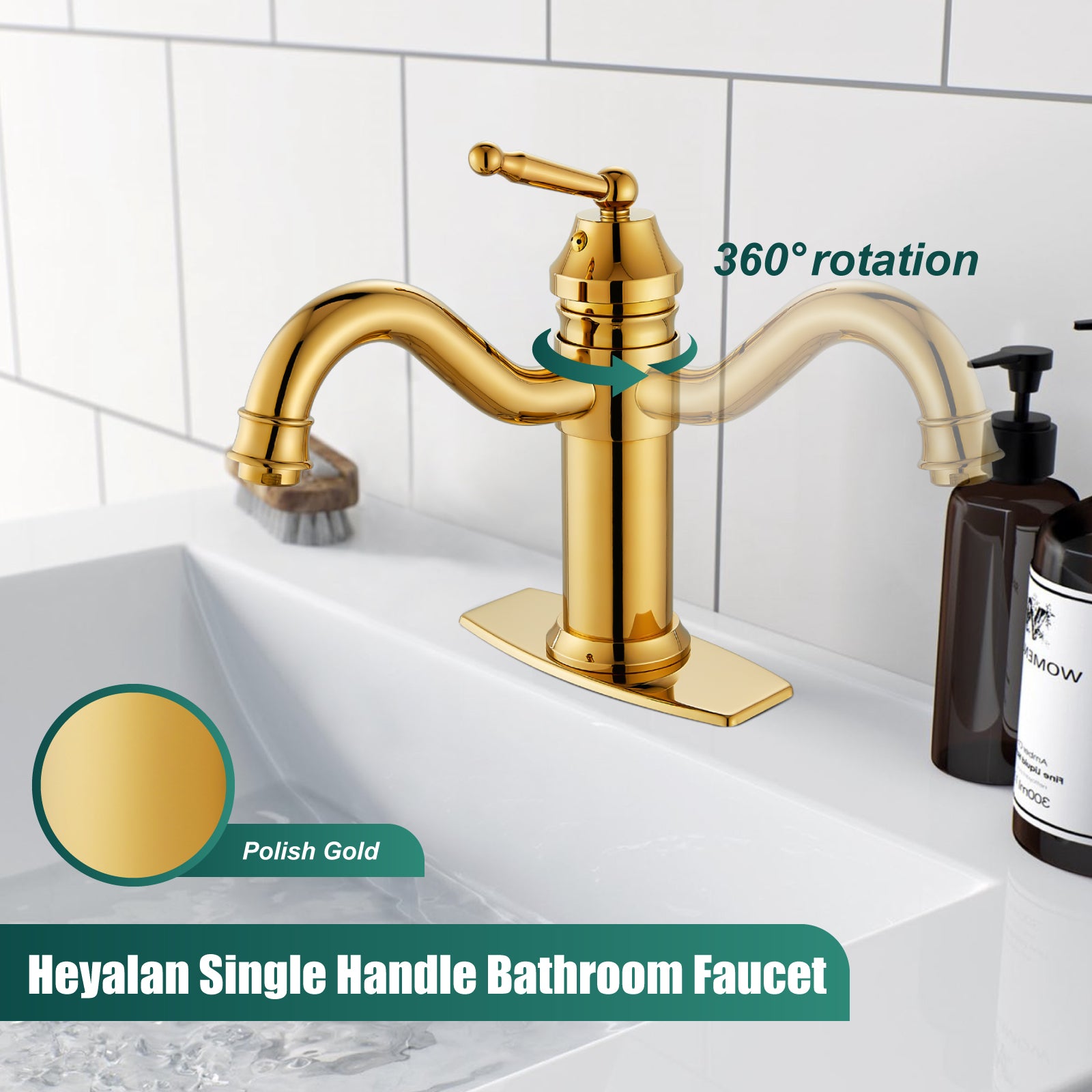 Heyalan Bathroom Sink Faucet  Deck Mount Single Hole One Handle Lavatory Assembly Brass Vanity Basin Mixer Tap Pop Up Drain Included Hot and Cold Water