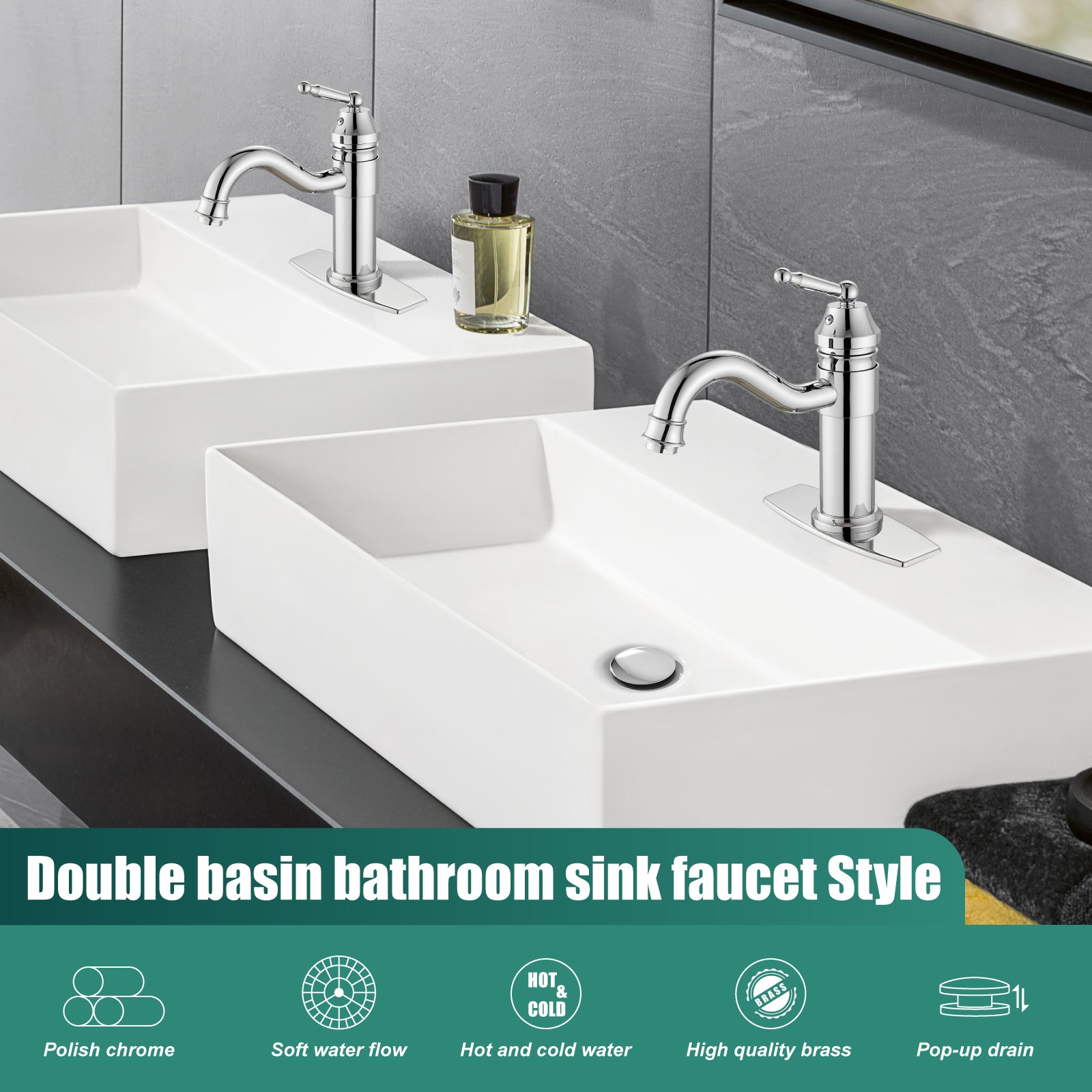 Heyalan Bathroom Sink Faucet  Deck Mount Single Hole One Handle Lavatory Assembly Brass Vanity Basin Mixer Tap Pop Up Drain Included Hot and Cold Water