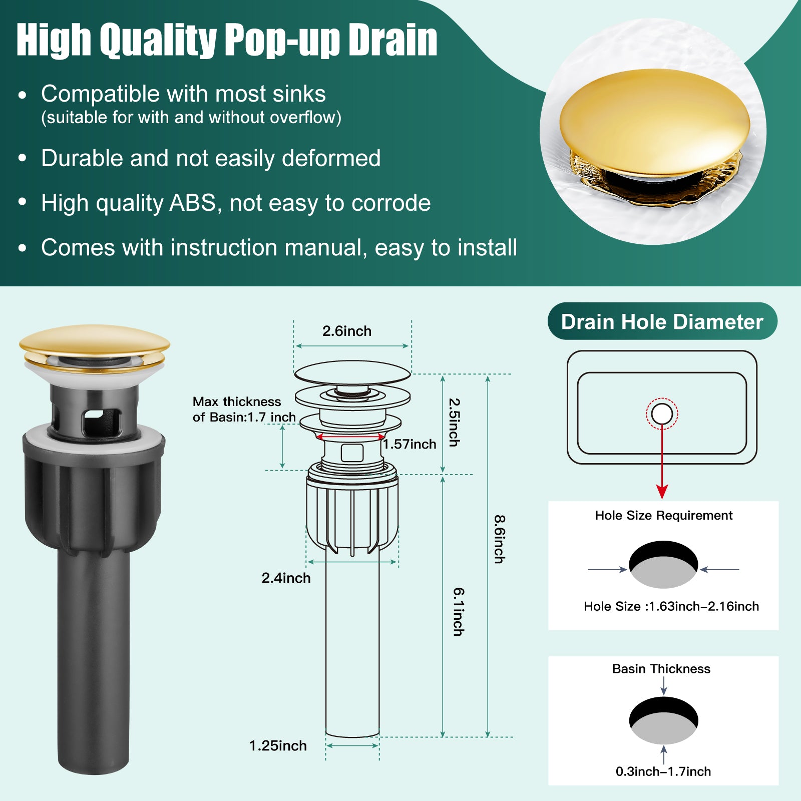 Heyalan Bathroom Sink Faucet  Deck Mount Single Hole One Handle Lavatory Assembly Brass Vanity Basin Mixer Tap Pop Up Drain Included Hot and Cold Water