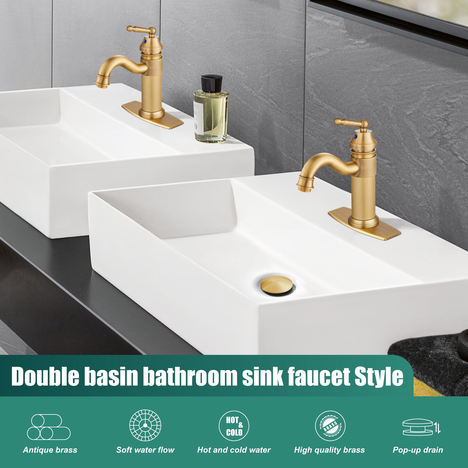Heyalan Bathroom Sink Faucet Brass One Hole Single Handle Lavatory Fixture Deck Mounted Vanity Vessel Mixer Tap Pop Up Drain Included Hot and Cold Water