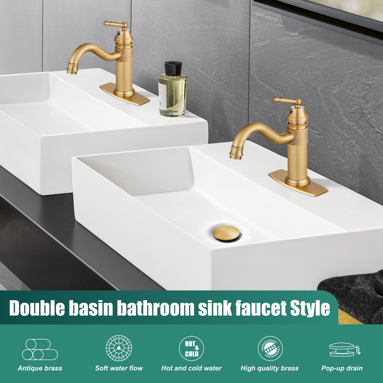 Heyalan Bathroom Sink Faucet  Deck Mount Single Hole One Handle Lavatory Assembly Brass Vanity Basin Mixer Tap Pop Up Drain Included Hot and Cold Water