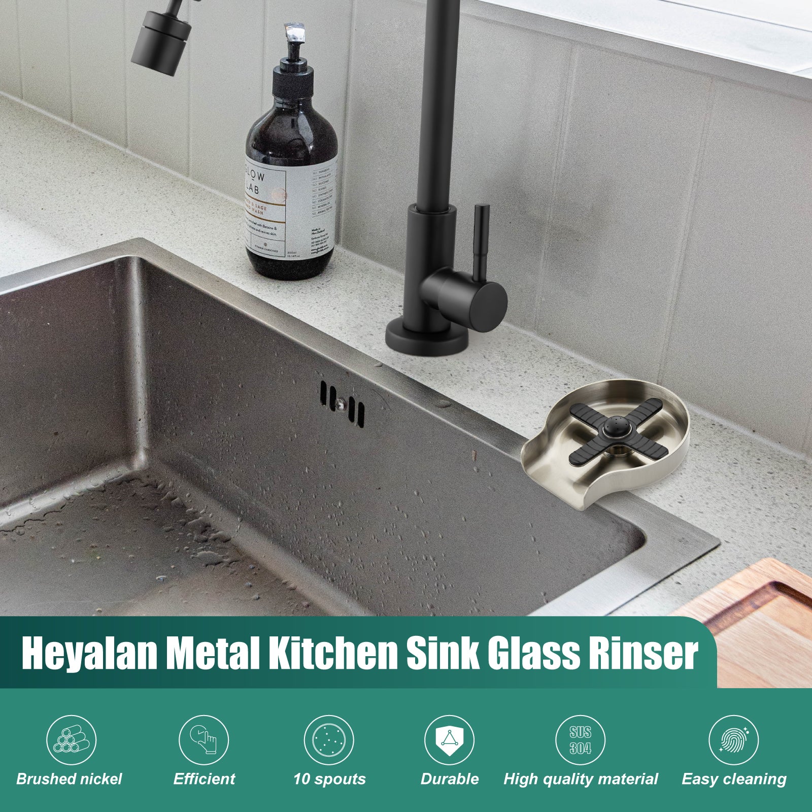 Heyalan Kitchen Sink Faucet Glass Rinser, Automatic Stainless Steel Sink Cup Rinser Bottle Washer, Sink Accessories for Kitchen, Bar Cup Cleaner Attachment