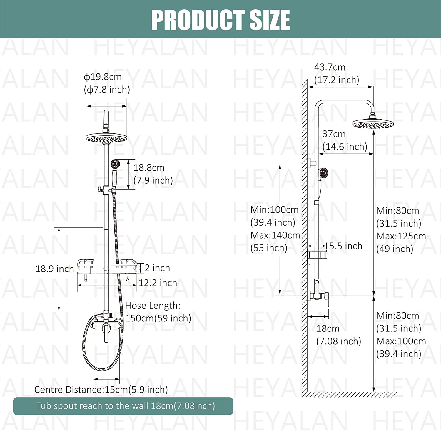 Heyalan Exposed Pipe Shower System 8 Inch Rainfall Shower Head Fixture Combo Set Single Handle with Handheld Sprayer Bathroom Shower Faucet Adjustable Showerhead Bar with Shower Shelf