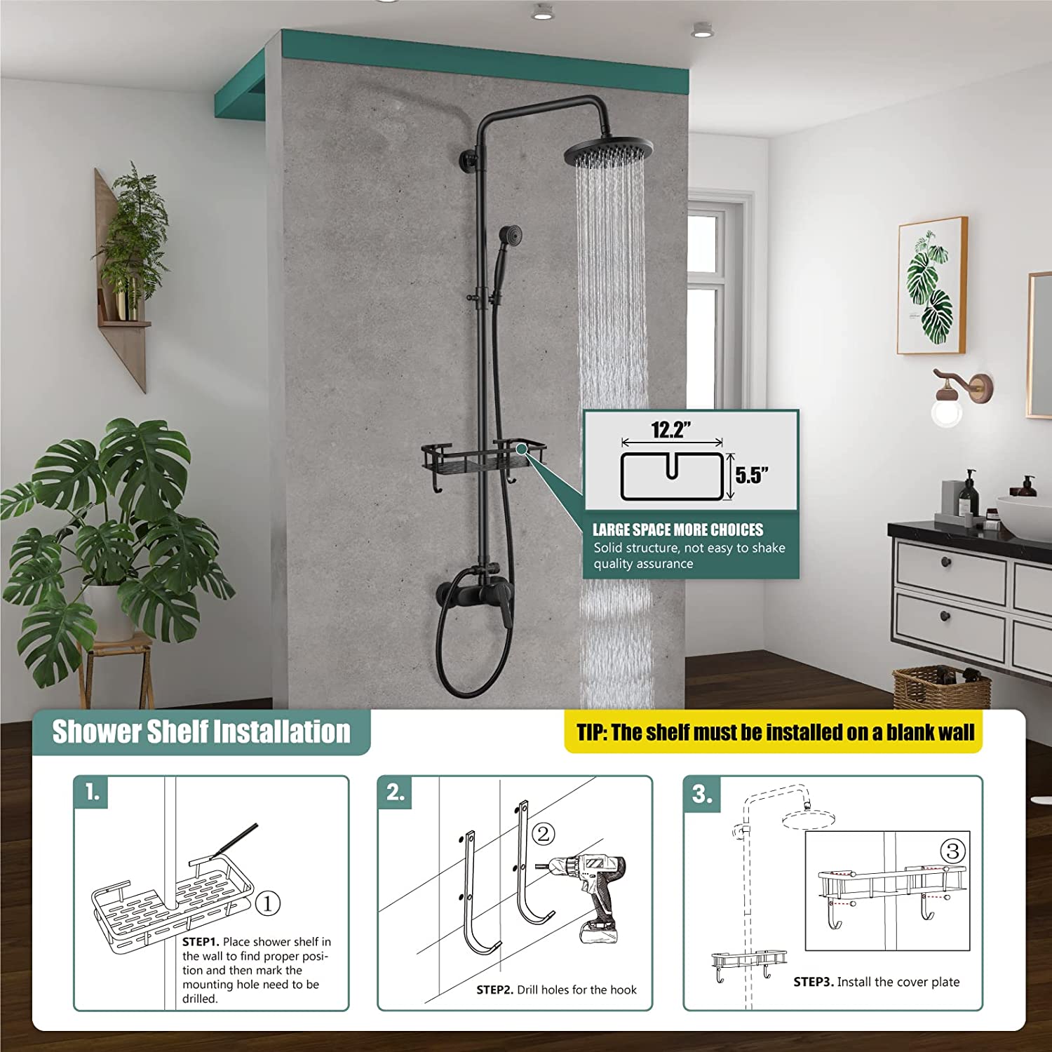 Heyalan Exposed Pipe Shower System 8 Inch Rainfall Shower Head Fixture Combo Set Single Handle with Handheld Sprayer Bathroom Shower Faucet Adjustable Showerhead Bar with Shower Shelf