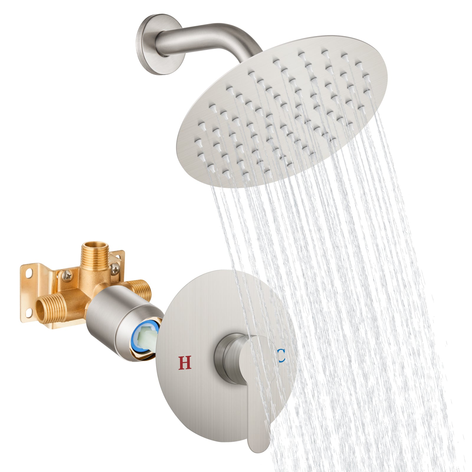 Shower Faucet Set 8 Inch Round Showerhead Bathroom Rainfall Shower System Wall Mount SUS304 Stainless Steel Single Function Shower Trim Kit 1 Handle Male Thread 1/2" NPT