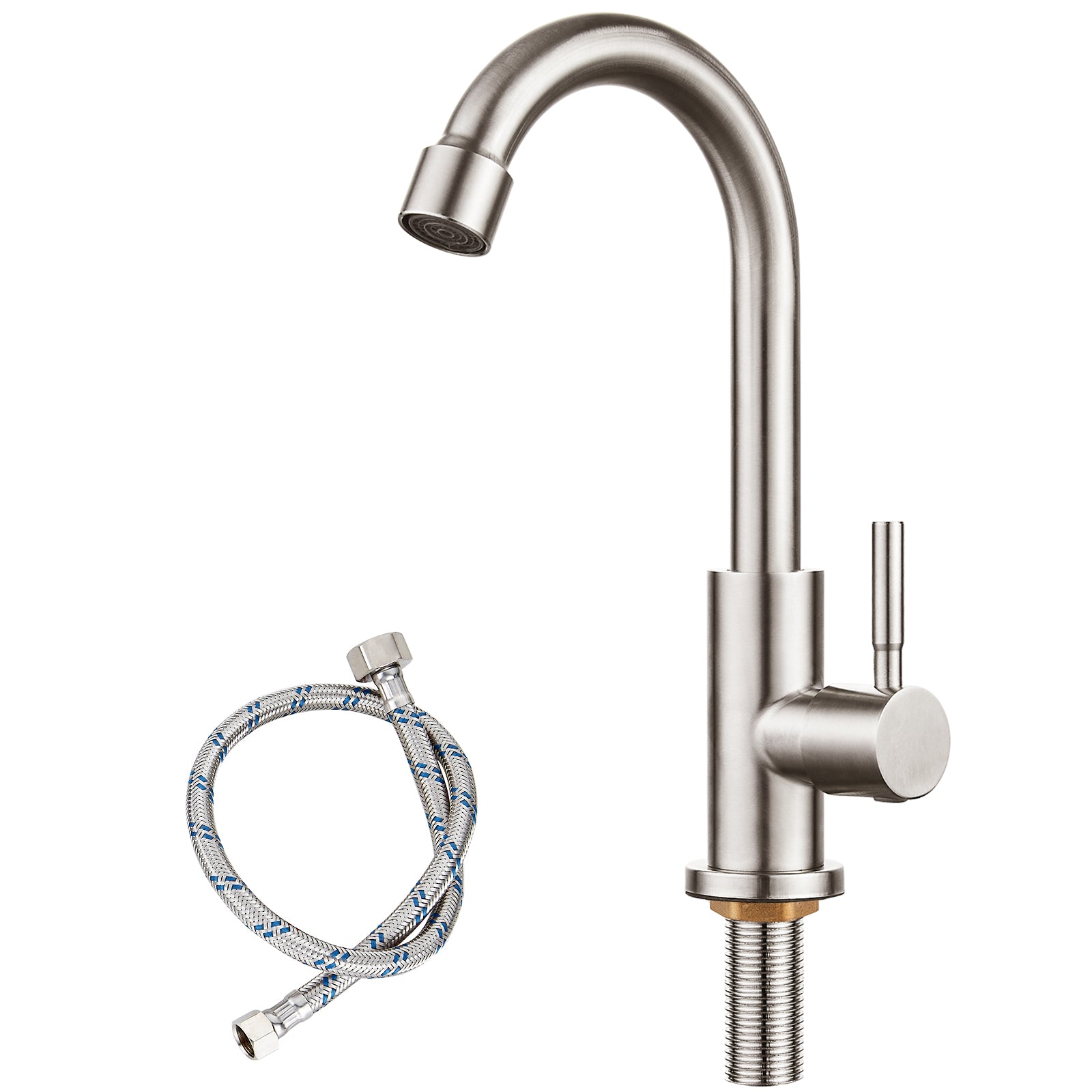 Cold Water Only Kitchen Faucet Single Handle 1 Hole Deck Mount 360 Degree Swivel Spout High Arc SUS304 Stainless Steel Sink Bar Tap Goose Neck with Hose(Drain Not Included)