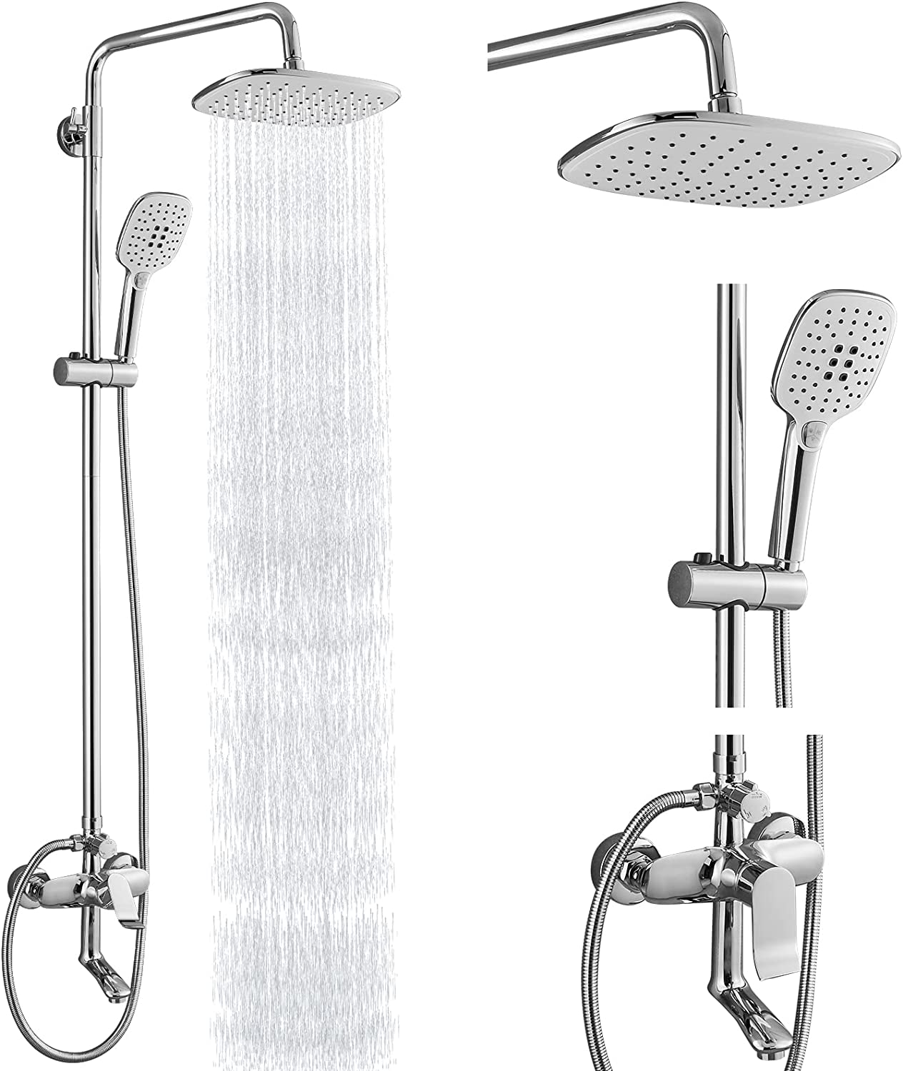 Exposed Shower System Polish Chrome 3 Functional Bathroom Shower Set 9 Inch Rainfall Shower Head with Handheld Sprayer Complete Set Adjustable Hand Spray Tub Spout Wall Mount