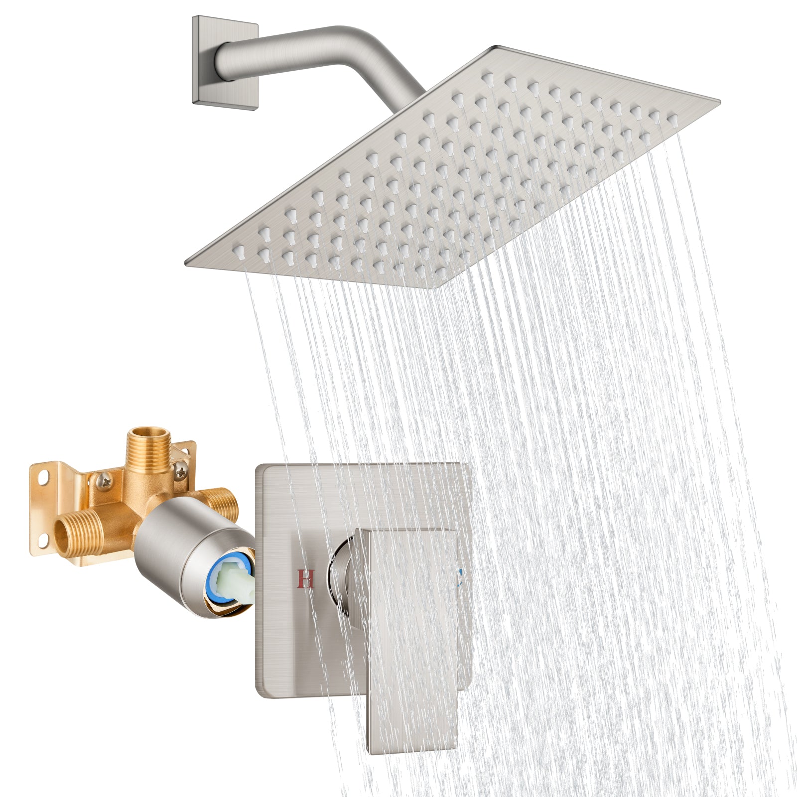Shower Faucet Set Bathroom Rainfall Shower System Square SUS304 Stainless Steel Showerhead Single Function Shower Trim Kit 1 Handle with Rough-in Valve Male Thread 1/2" NPT