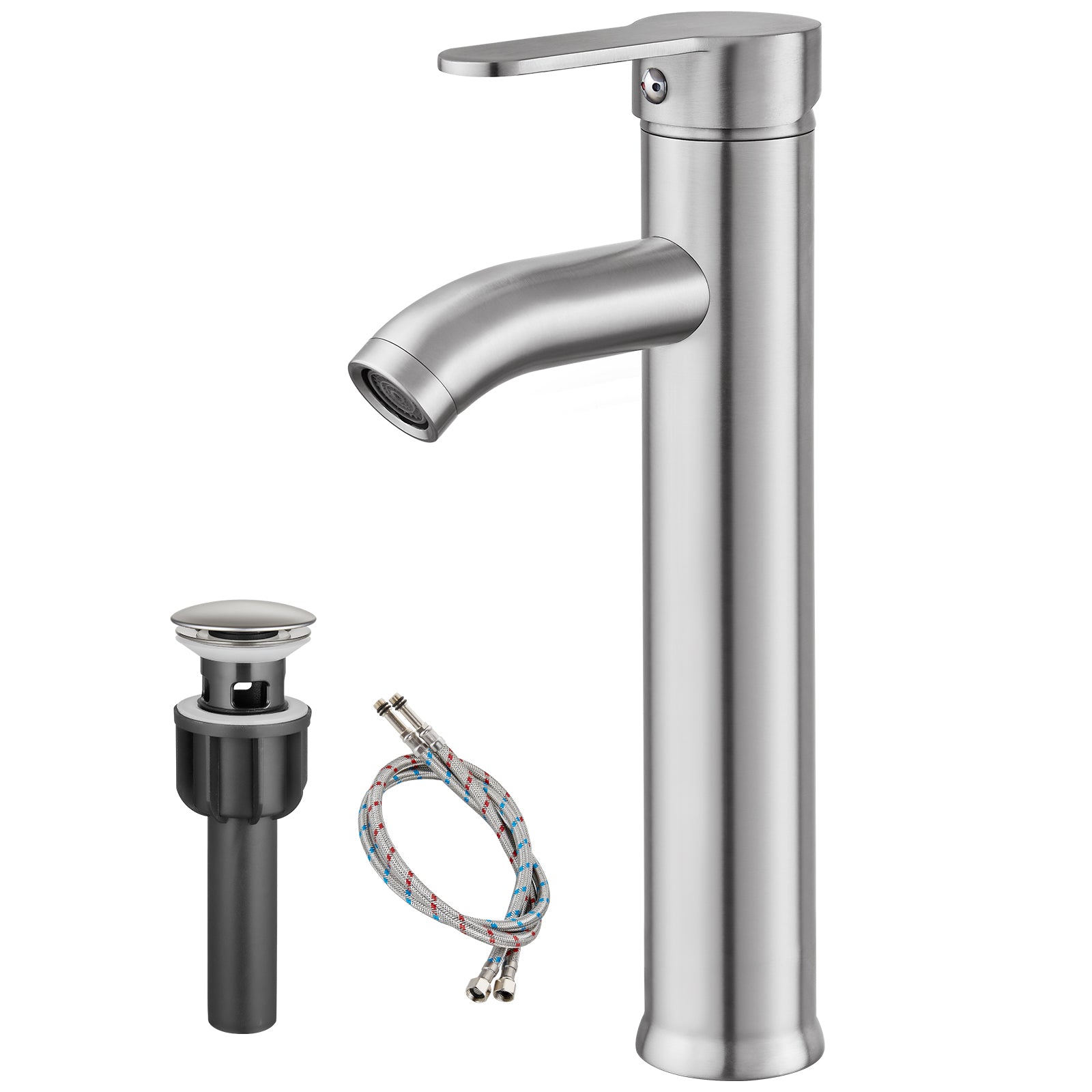 Heyalan Brushed Nickel Bathroom Faucet Vessel Sink Deck Mount Stainless Steel SUS304 Bowl Basin One Hole Singl Handle Tall Spout Mixer Tap Plastic Pop Up Drain Without Overflow