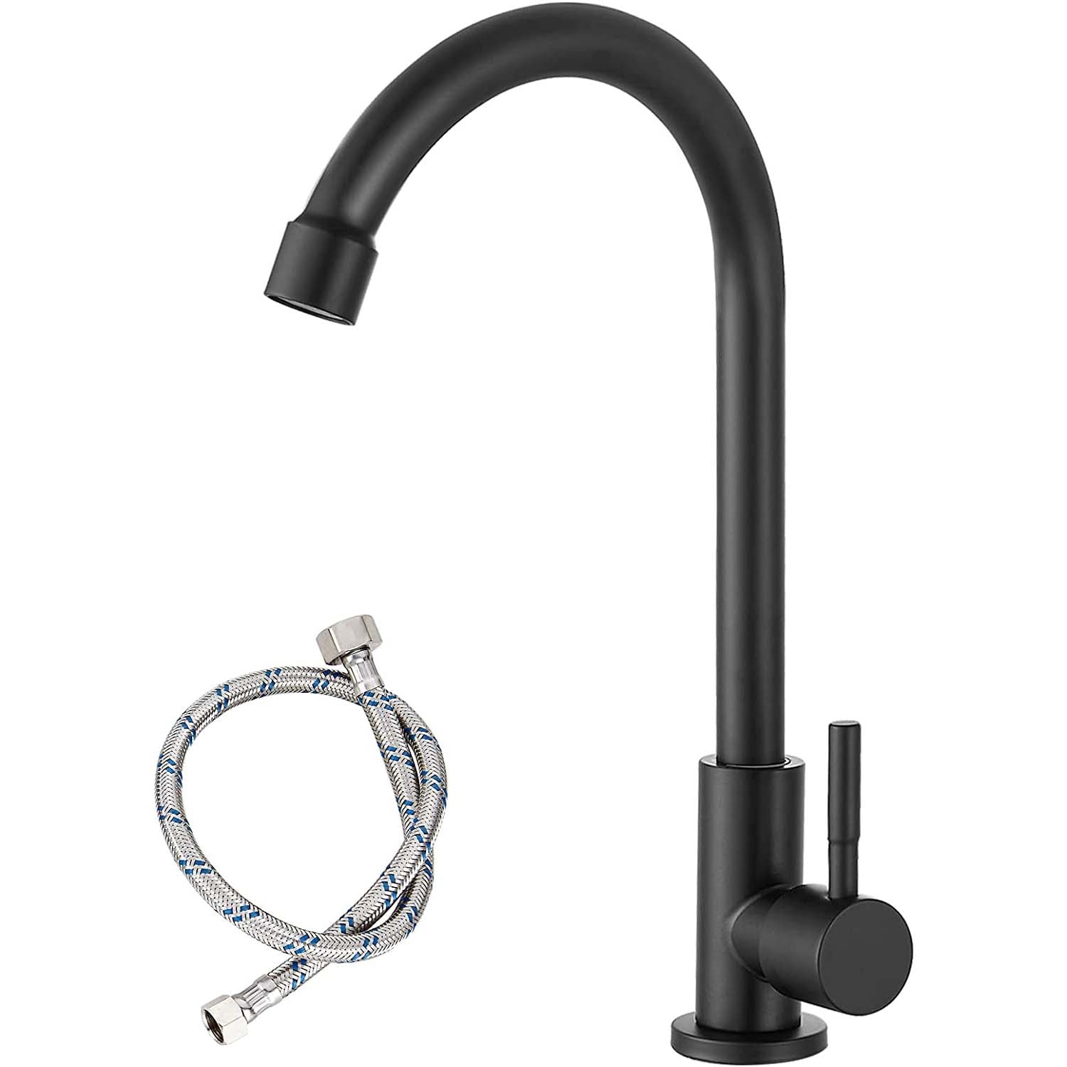 Kitchen Faucet Cold Water Only 1 Hole Single Handle 360 Degree Swivel Spout Deck Mount High Arc SUS304 Sink Bar Tap Goose Neck with Hose and Longer Thread Pipe