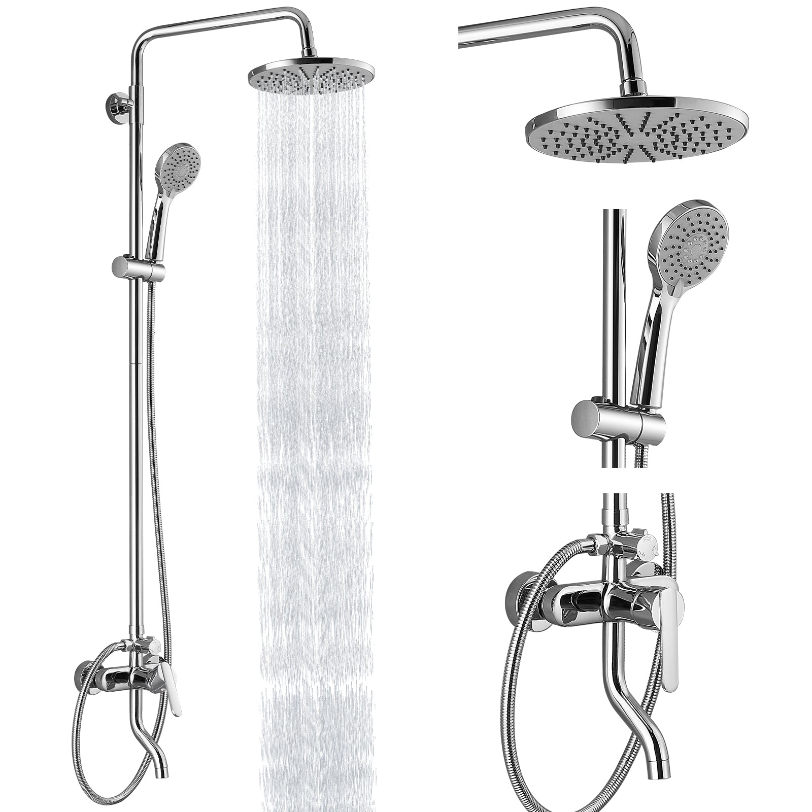 Exposed Shower System Faucet Set Bathroom 8 Inch ABS Single 1 Handle ABS Shower Head Handheld Shower Adjustable Slide Bar Hand Spray Tub Spout Wall Mount Complete Set