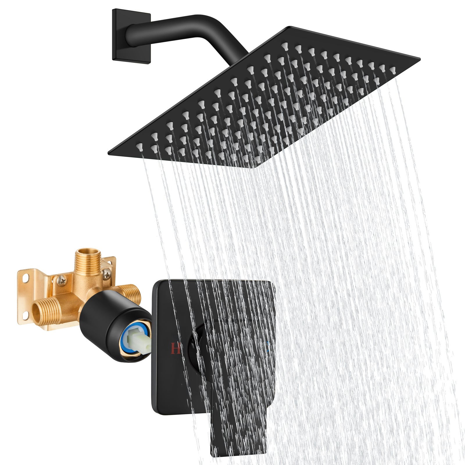 Shower Faucet Set Bathroom Rainfall Shower System Square SUS304 Stainless Steel Showerhead Single Function Shower Trim Kit 1 Handle with Rough-in Valve Male Thread 1/2" NPT