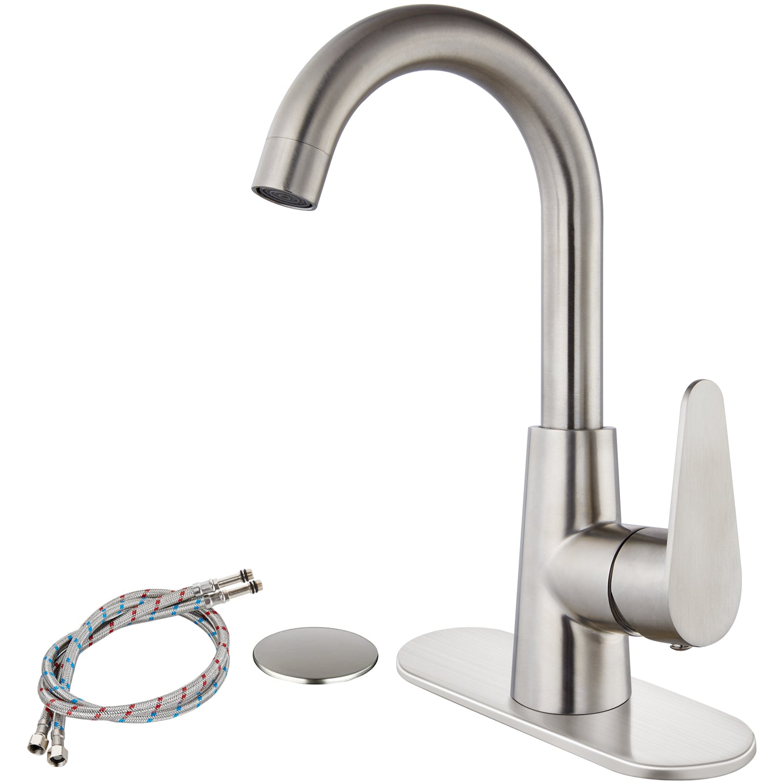 Heyalan Bathroom Sink Faucet Brushed Nickel Cold and Hot Water Single Hole Kitchen Bar Tap 360 Degree Swivel Spout Deck Mount Arc SUS304 Stainless Steel Gooseneck with Deck Plate and Drain