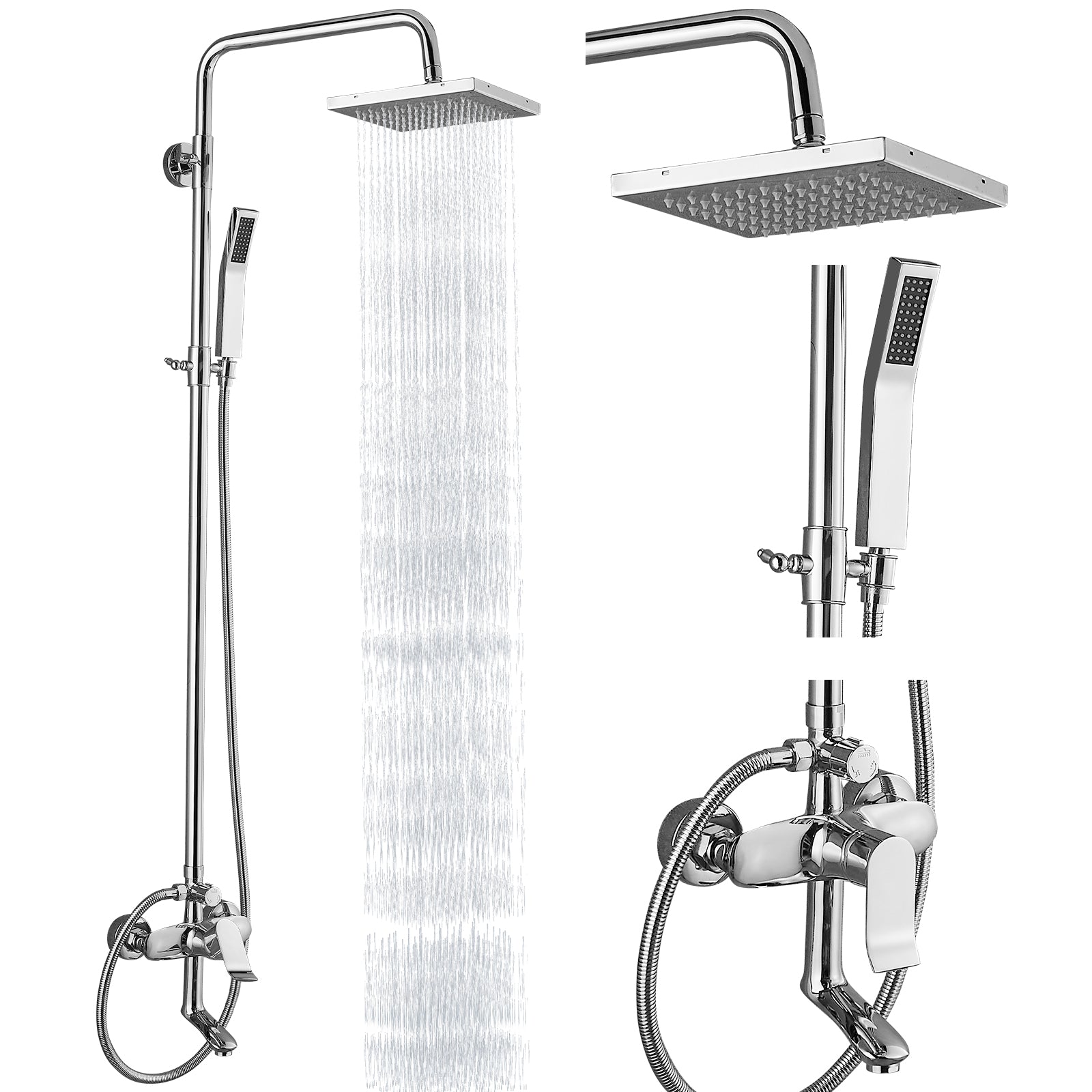 Exposed Shower System 3 Functional Bathroom Shower Faucet Set 8 Inch Square Rainfall Shower Head Wall Mounted Exposed Chrome Shower Faucet Set 8 Rain Exposed Pipe Shower