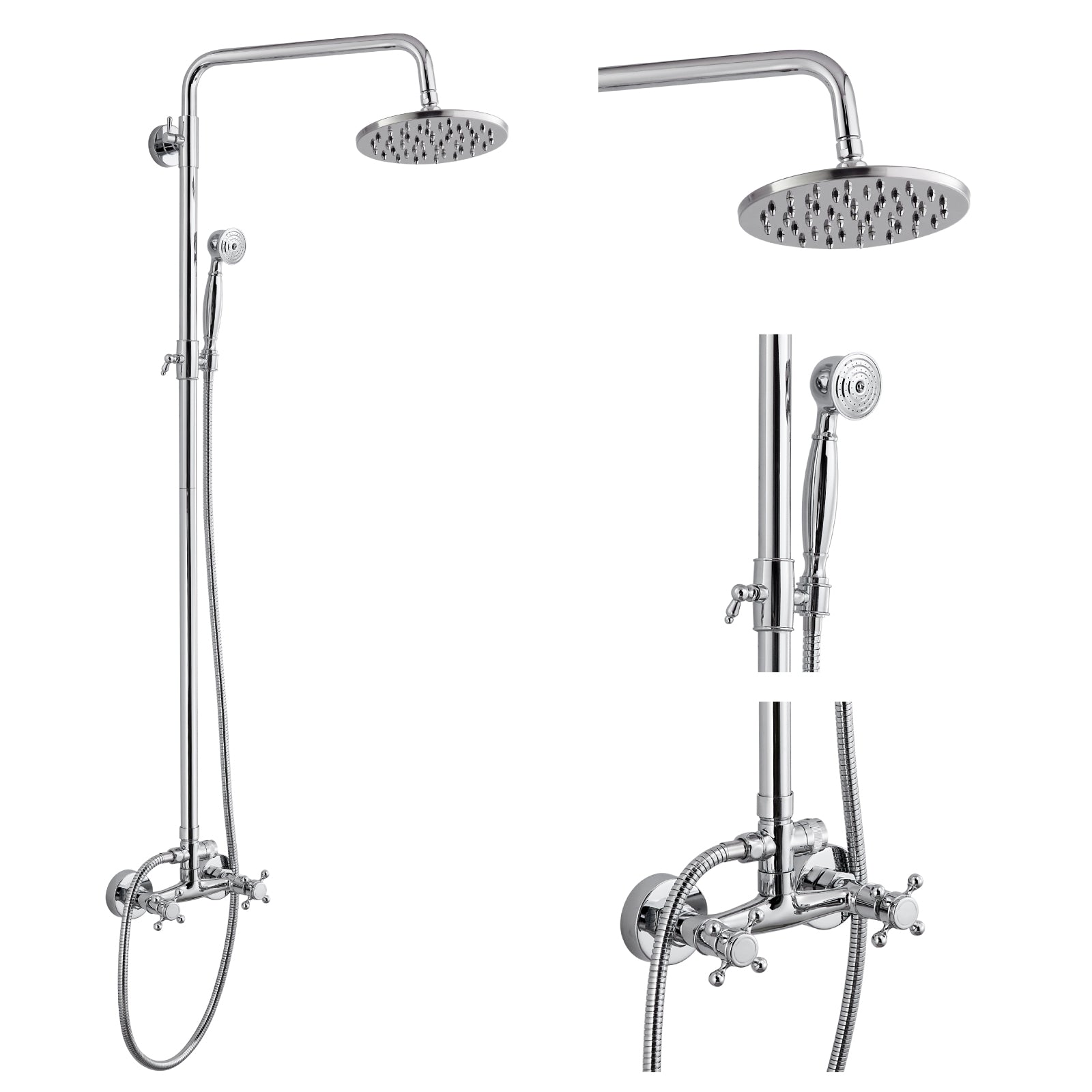 Heyalan Dual Functions Exposed Pipe Shower System Round Rainfall 8 Inch Shower Head Brass Fixture Combo Set 2 Handles with Handheld Sprayer Bathroom Shower Faucet Adjustable Shower Bar