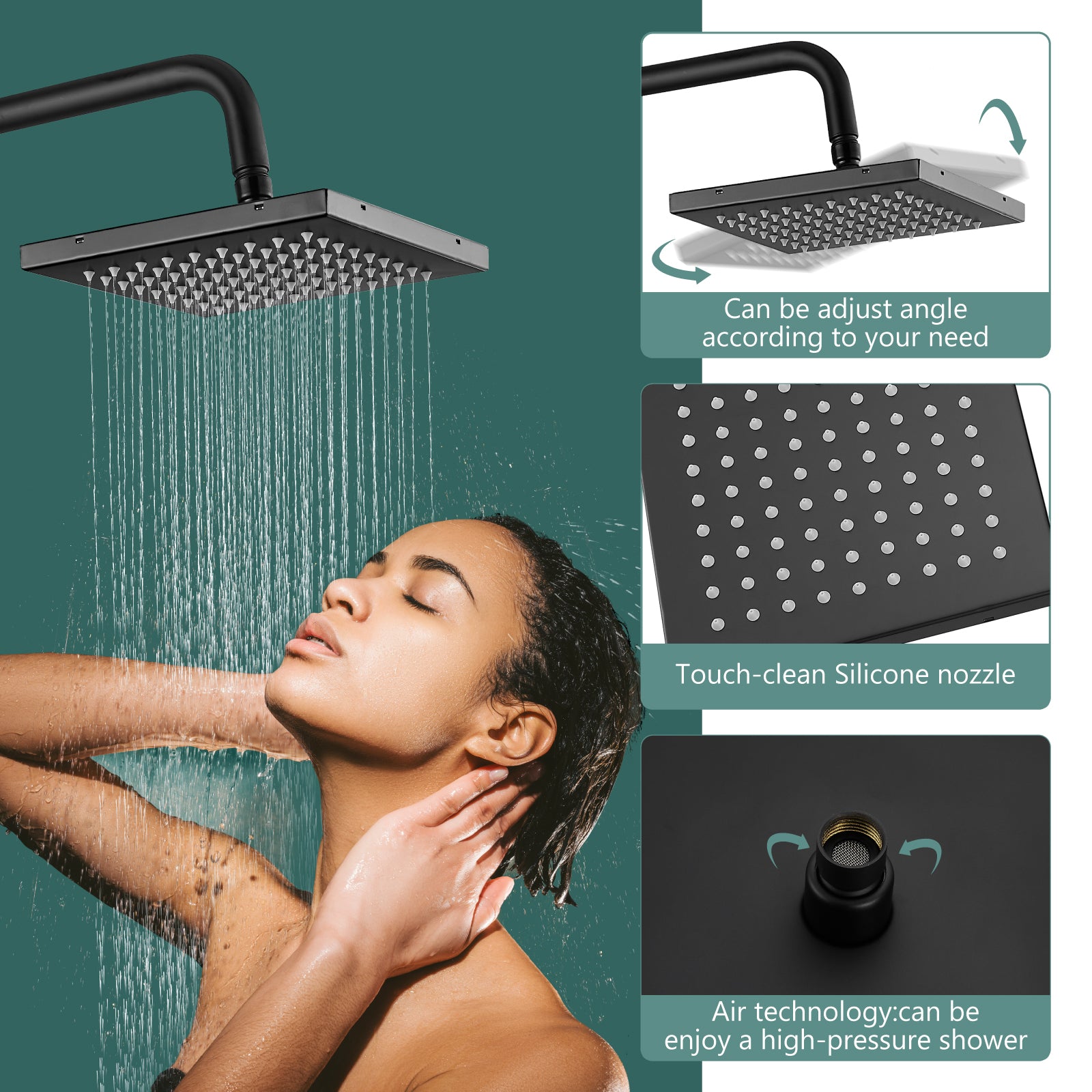 Heyalan Exposed Shower System Matte Black 3 Functional Adjustable Complete Set Tub 8 Inch Square Rainfall Shower Head with Square Hand-held