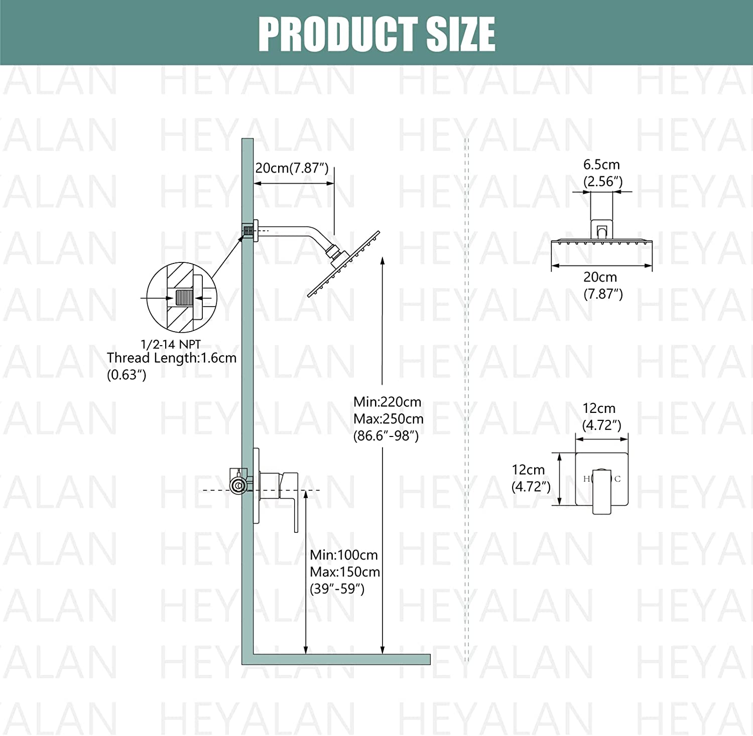 Heyalan Shower Faucet Set Bathroom Rainfall Shower System Square SUS304 Stainless Steel Showerhead Single Function Shower Trim Kit 1 Handle with Rough-in Valve