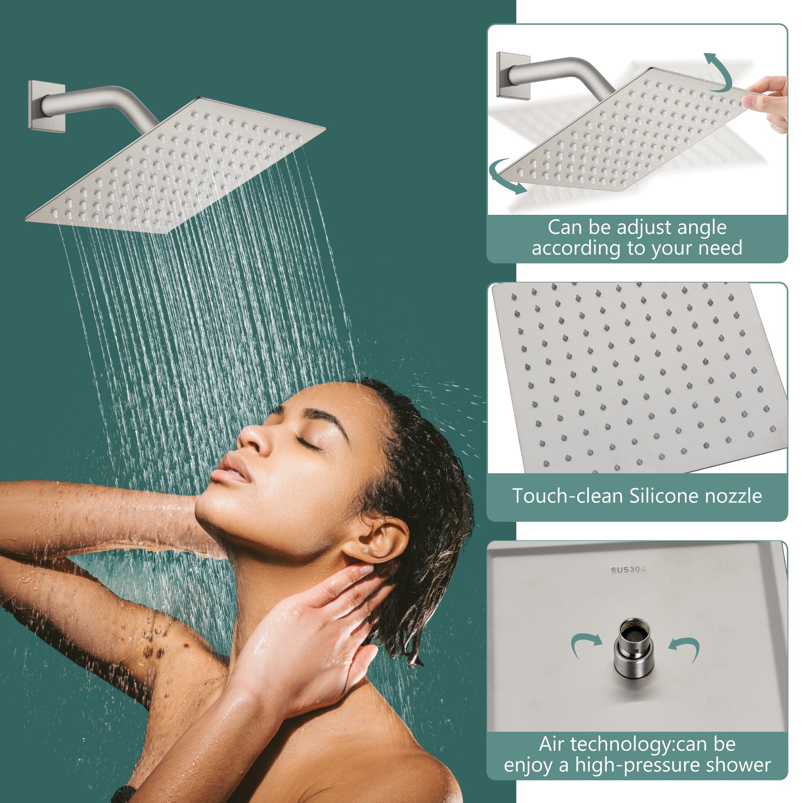 Shower Faucet Set Bathroom Rainfall Shower System Square SUS304 Stainless Steel Showerhead Single Function Shower Trim Kit 1 Handle with Rough-in Valve Male Thread 1/2" NPT