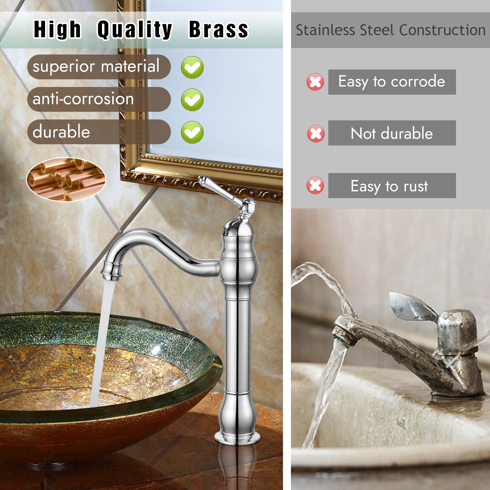 Heyalan Bathroom Vessel Sink Faucet Washingroom Single Handle One Hole High Spout Pop Up Drain Bowl Sink Brass Material 360 Degree Adjustable Lavatory Vanity Mixer Bar Tap Without Overflow
