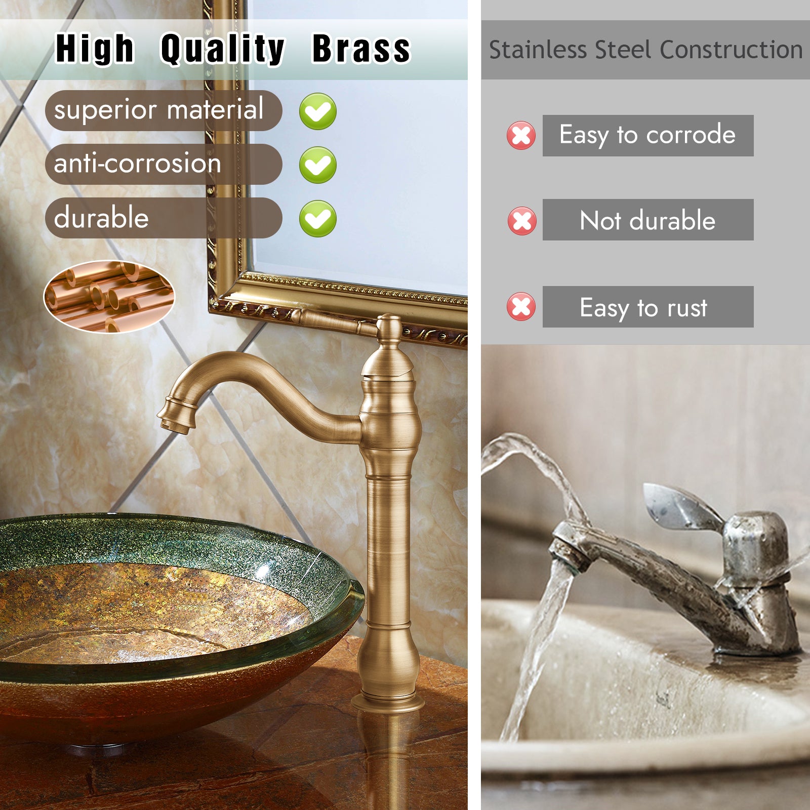 Heyalan Bathroom Vessel Sink Faucet Washingroom Single Handle One Hole High Spout Pop Up Drain Bowl Sink Brass Material 360 Degree Adjustable Lavatory Vanity Mixer Bar Tap Without Overflow