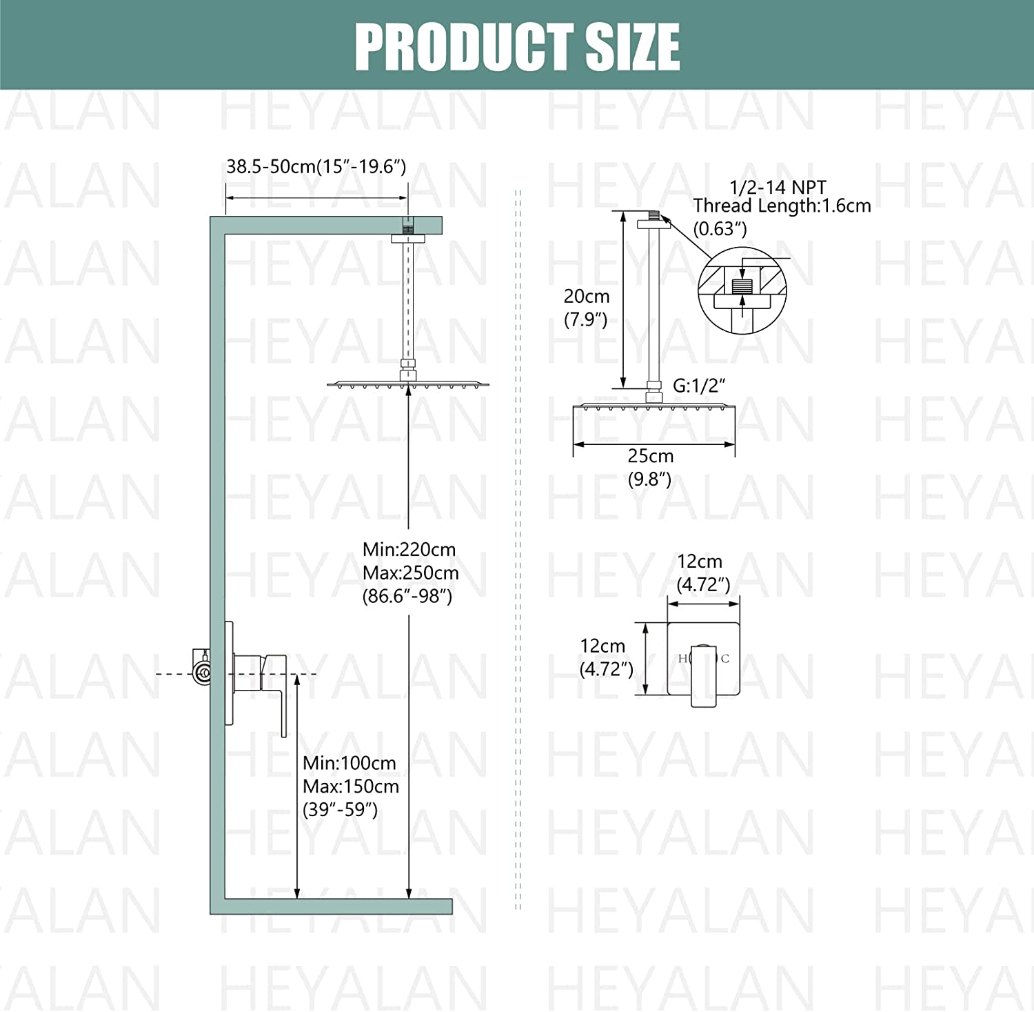 Heyalan Shower Trim Kit Ceiling Mount 10” Square SUS304 Bathroom Rainfall Shower Head and One Handle System 1 Function Mixer Shower Faucet Set with Rough-in Valve Male Thread