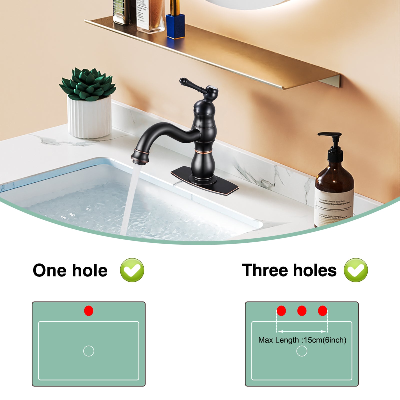 Bathroom Sink Faucet 1 Hole Single Handle Vanity Mixer Tap Deck Mount Lavatory Pop Up Drain with Overflow Included Commercial