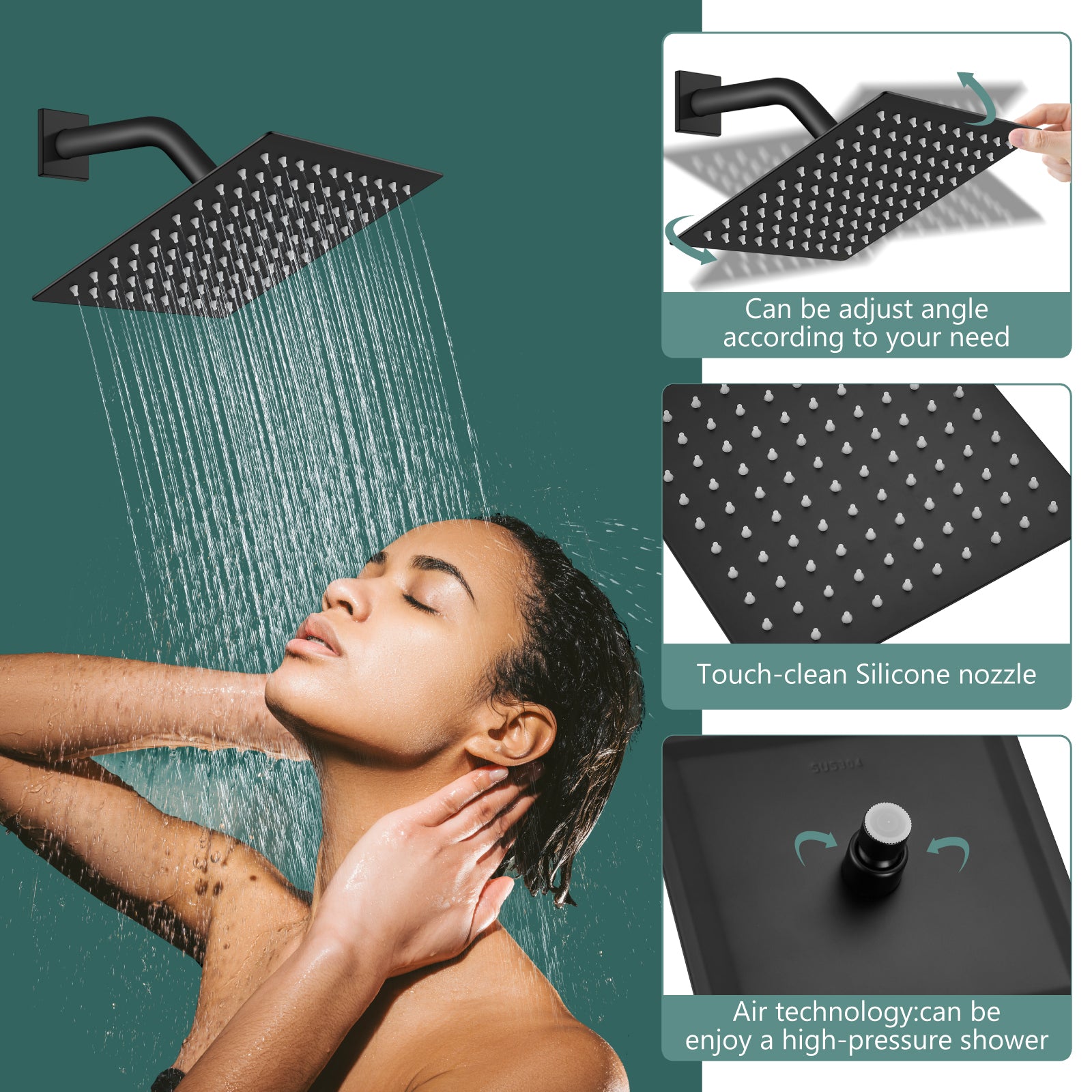 Shower Faucet Set Bathroom Rainfall Shower System Square SUS304 Stainless Steel Showerhead Single Function Shower Trim Kit 1 Handle with Rough-in Valve Male Thread 1/2" NPT