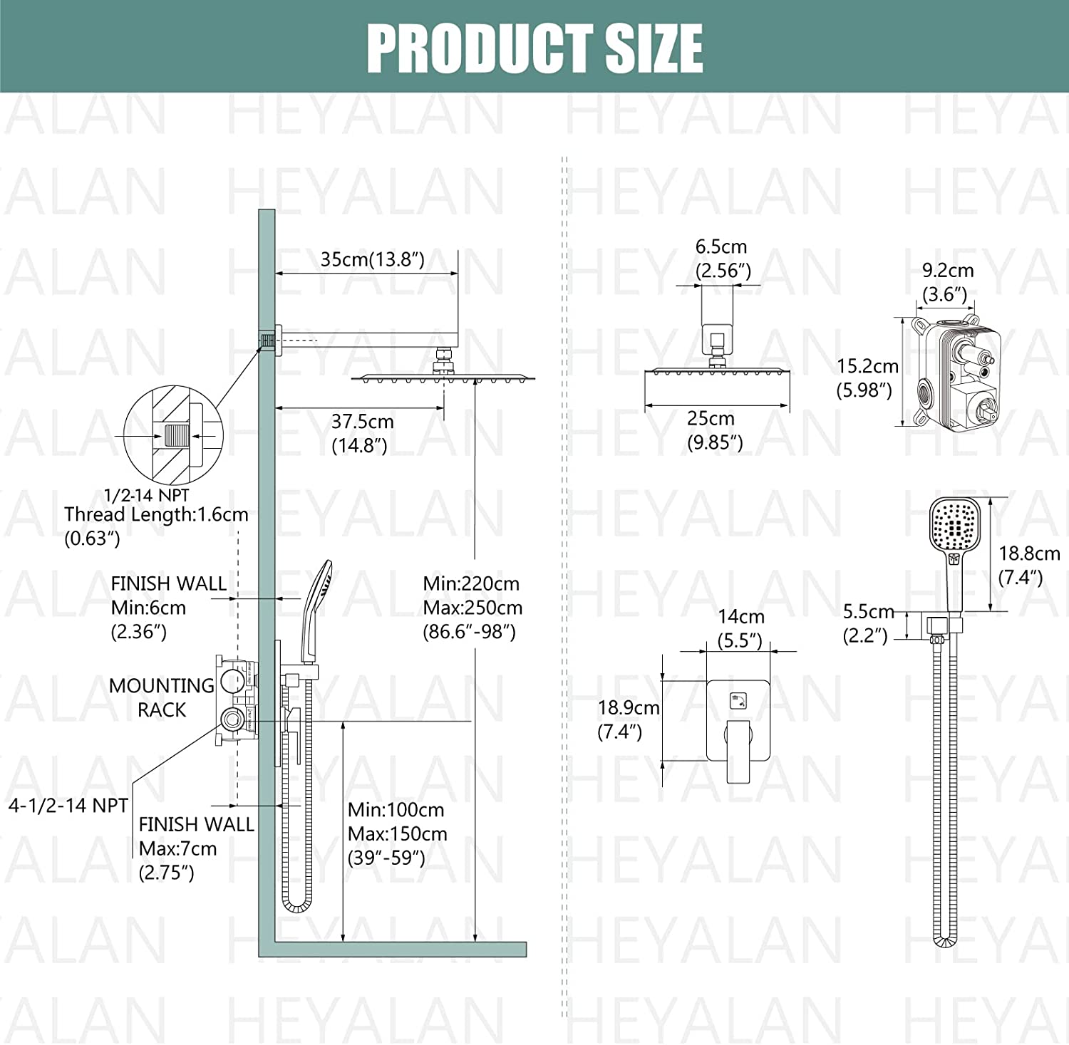 Heyalan Shower System 10 Inch Square Rain Shower Head Shower Faucet Fixture ABS Handheld Shower Sprayer Wall Mount Bathroom Rainfall Showerhead Combo Set High Pressure