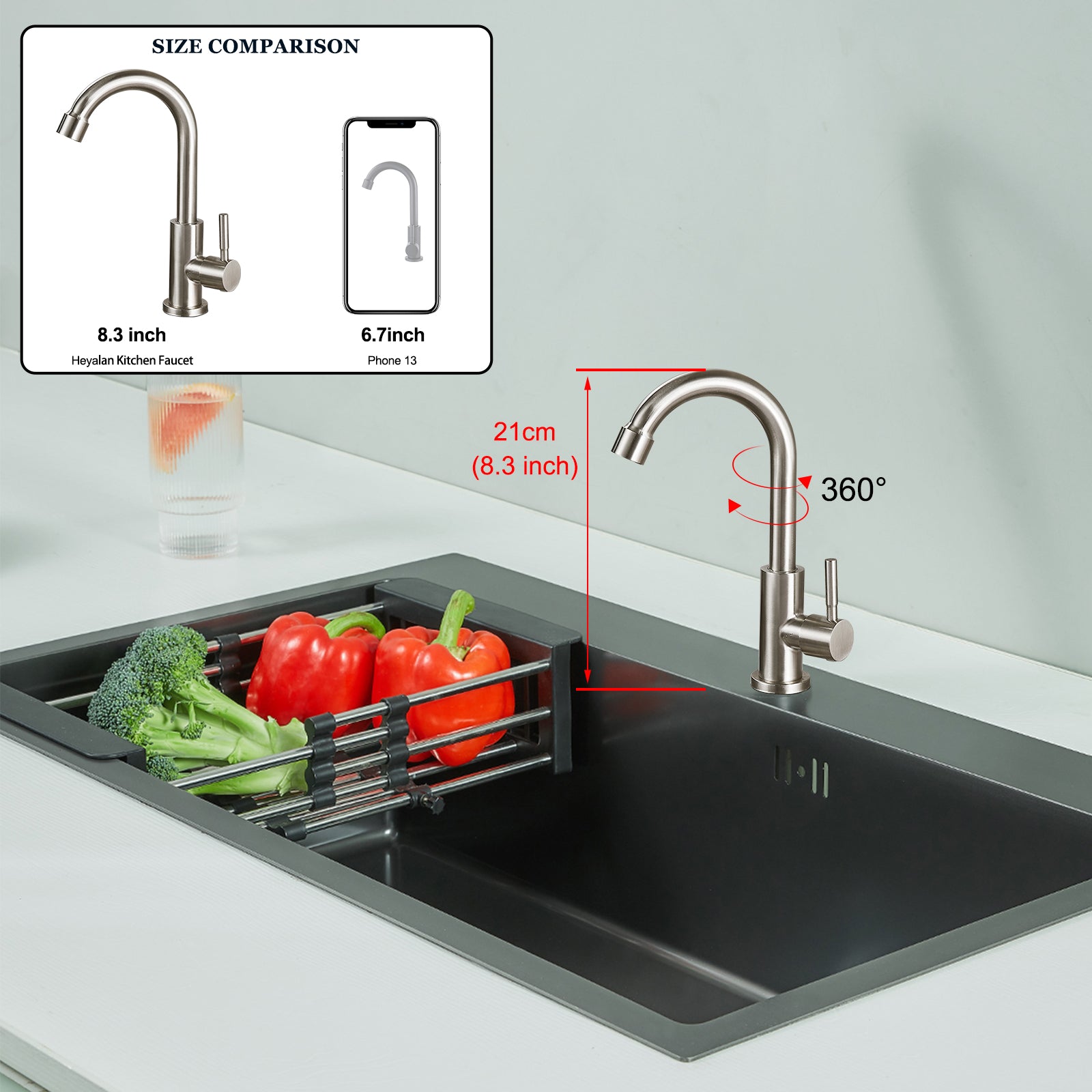 Cold Water Only Kitchen Faucet Single Handle 1 Hole Deck Mount 360 Degree Swivel Spout High Arc SUS304 Stainless Steel Sink Bar Tap Goose Neck with Hose(Drain Not Included)