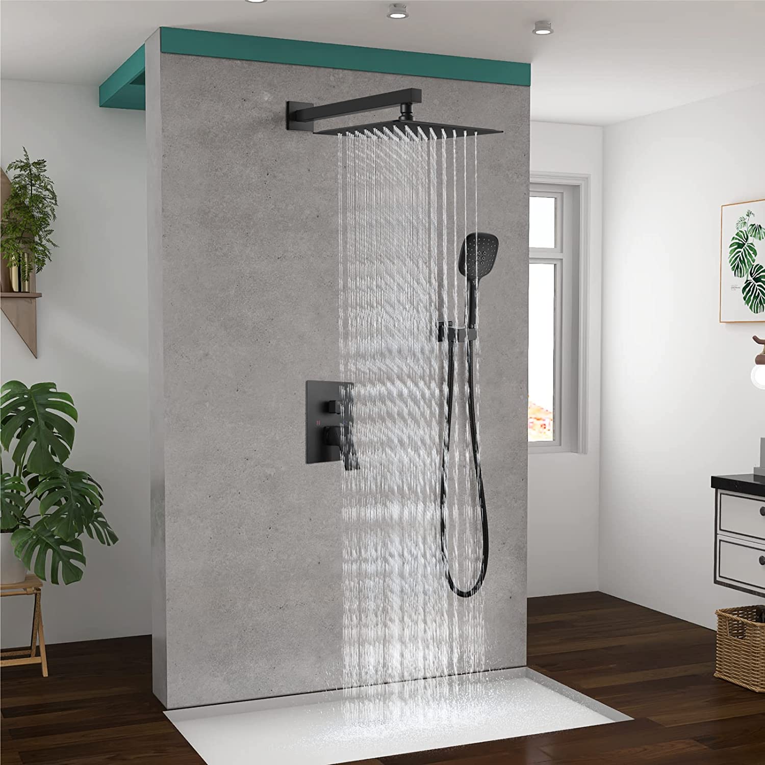 Heyalan Shower System 10 Inch Square Rain Shower Head Shower Faucet Fixture ABS Handheld Shower Sprayer Wall Mount Bathroom Rainfall Showerhead Combo Set High Pressure