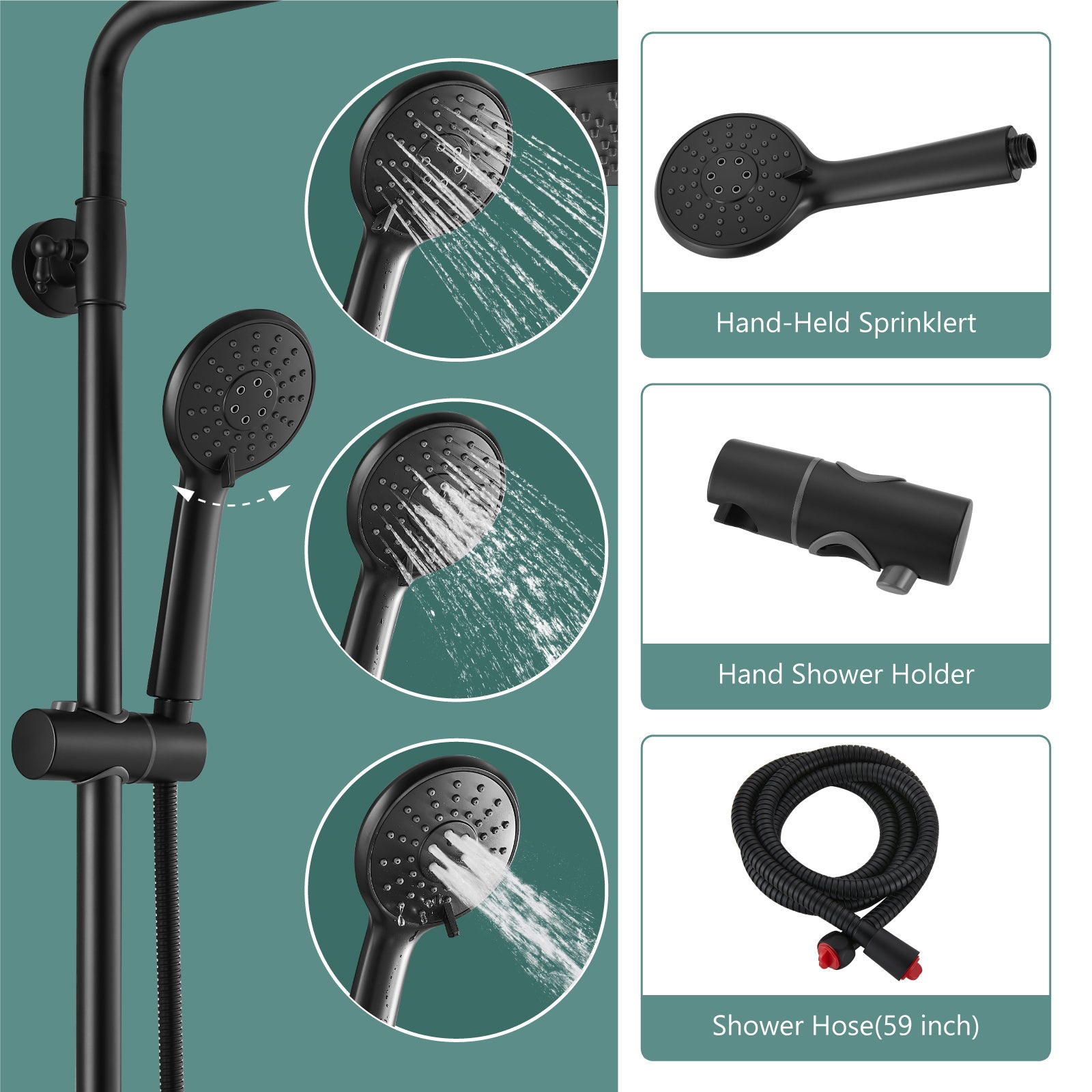 Heyalan Matte Black Exposed Shower System 8 Inch Rainfall Shower Head Fixture Combo Set Single Handle with ABS Handheld Sprayer Bathroom Shower Faucet Adjustable Shower Head Bar Dual Functions
