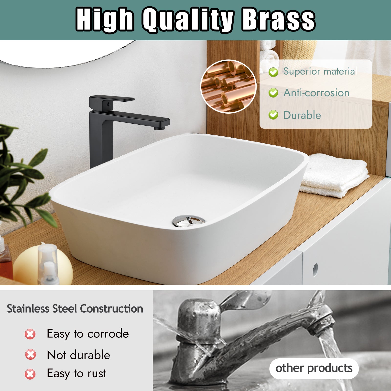 Heyalan Matte Black Bathroom Sink Faucet Tall Body Vessel Sink Tap Brass Single Handle 1 Hole Lavatory Vanity Mixer Bar Tap Tall Spout Deck Mount