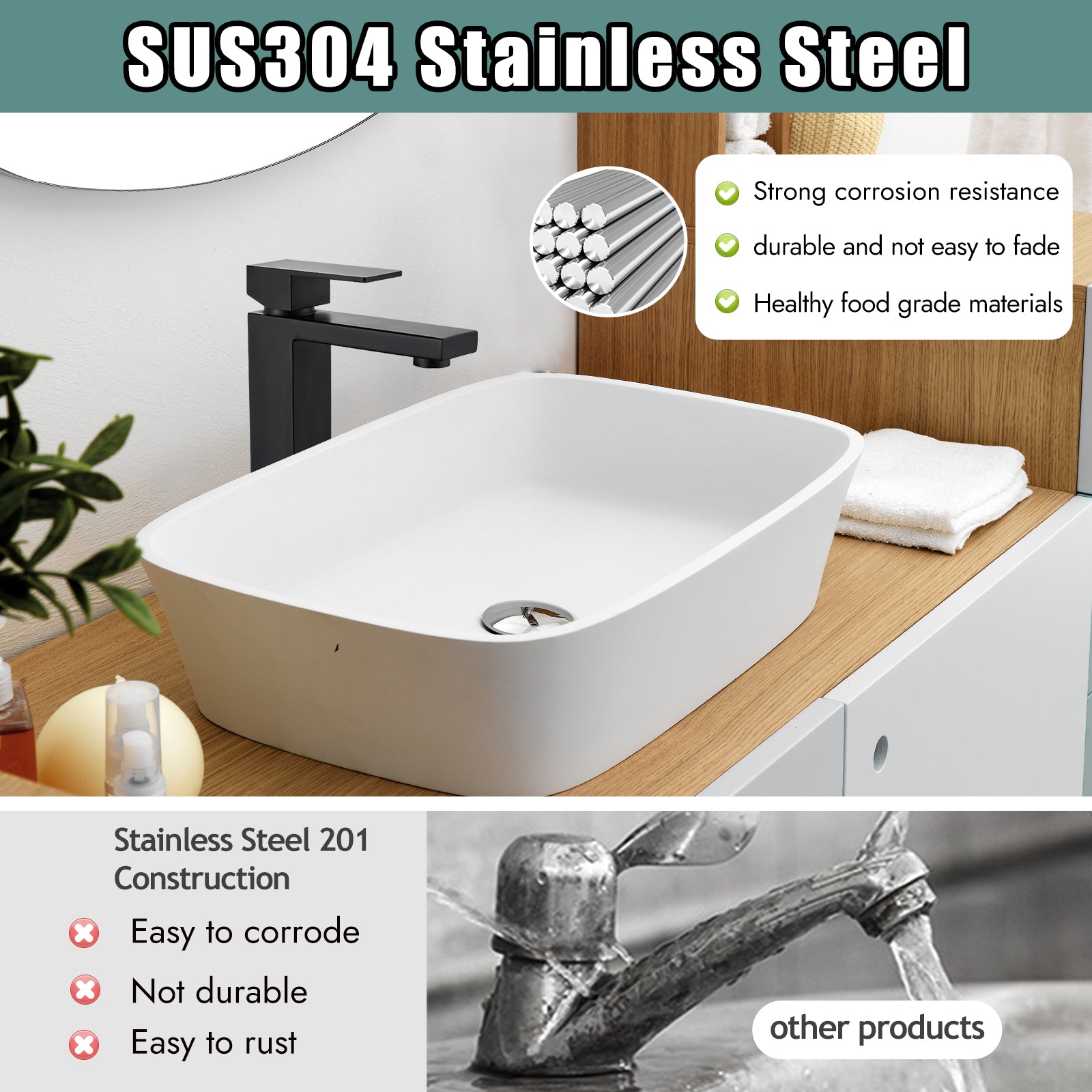 Black Bathroom Vessel Sink Faucet Single Handle Basin Bowl Tap SUS304 Stainless Steel Tall Body 1 Hole Lavatory Vanity Mixer Bar Tap Tall Spout Deck Mount