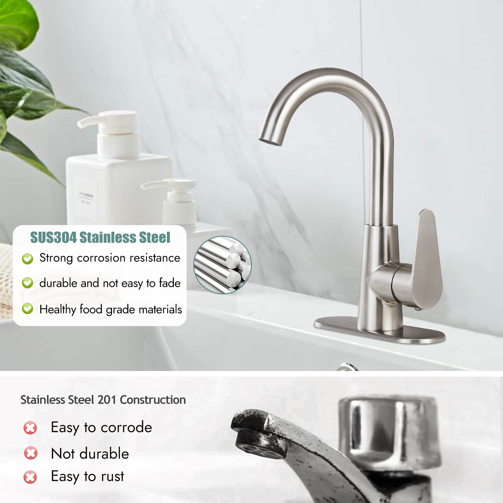 Heyalan Bathroom Sink Faucet Brushed Nickel Cold and Hot Water Single Hole Kitchen Bar Tap 360 Degree Swivel Spout Deck Mount Arc SUS304 Stainless Steel Gooseneck with Deck Plate and Drain