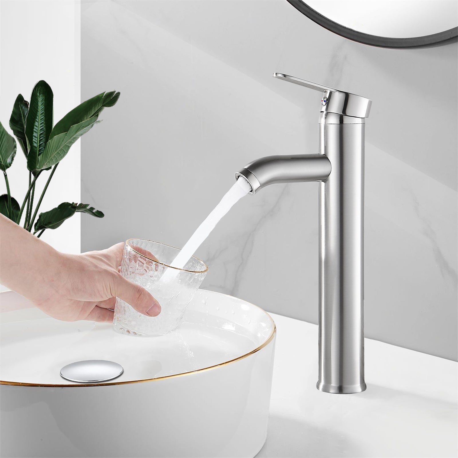 Heyalan Brushed Nickel Bathroom Faucet Vessel Sink Deck Mount Stainless Steel SUS304 Bowl Basin One Hole Singl Handle Tall Spout Mixer Tap Plastic Pop Up Drain Without Overflow