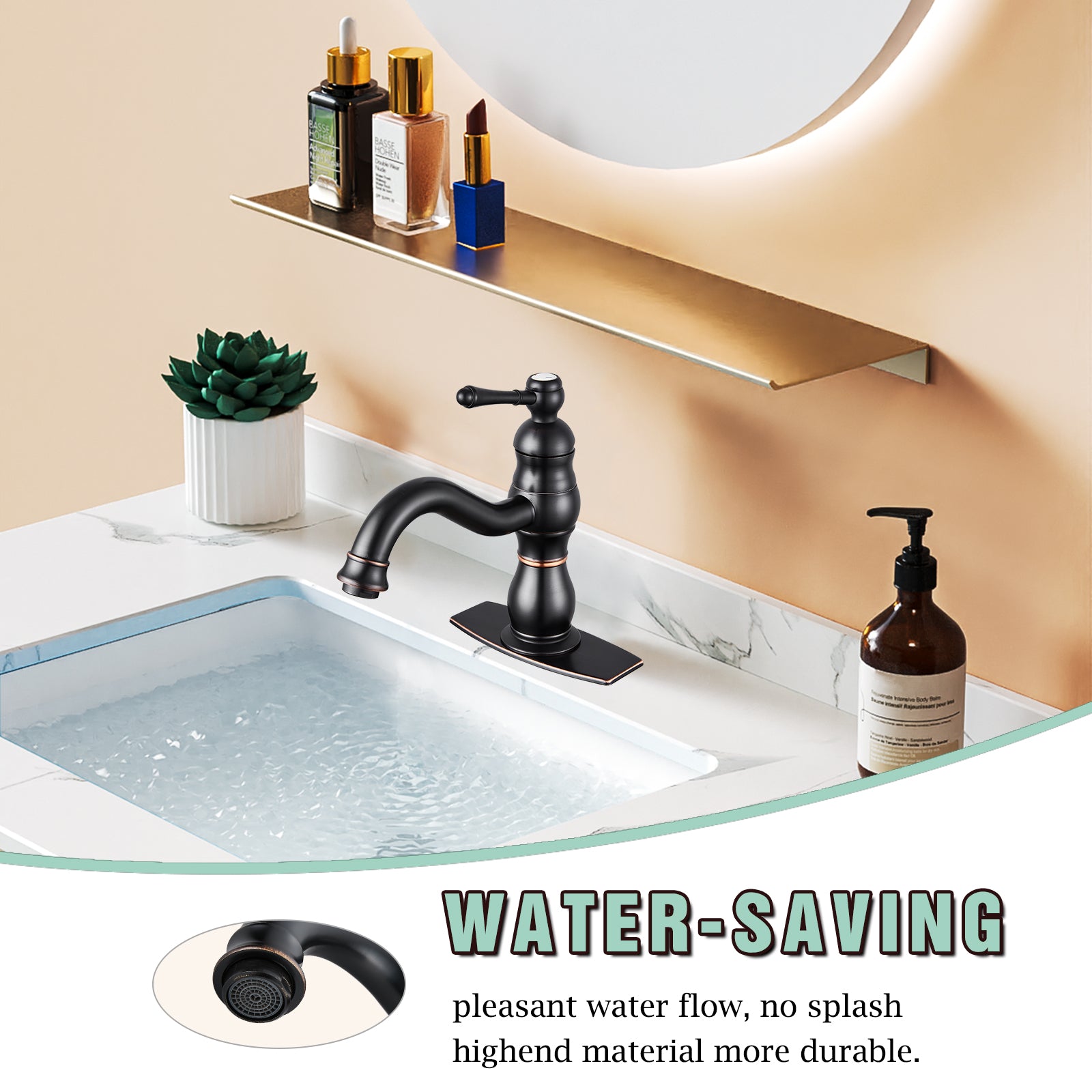 Bathroom Sink Faucet 1 Hole Single Handle Vanity Mixer Tap Deck Mount Lavatory Pop Up Drain with Overflow Included Commercial