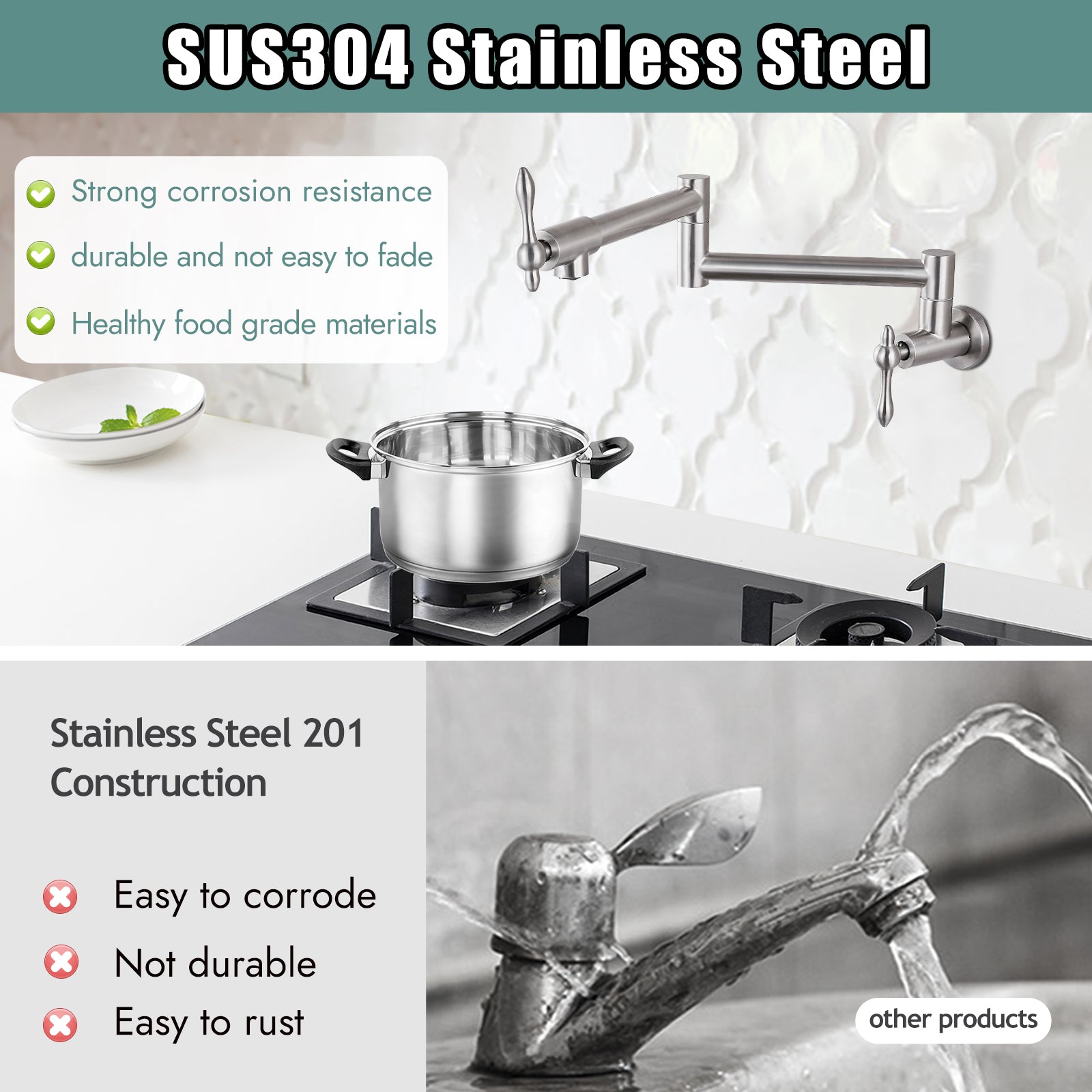 Heyalan Stainless Steel SUS304 19" Pot Filler Faucet Double Joint Spout Stretchable Swing Arm with Single Hole Two Handles Wall Mounted Commercial Kitchen Sink Faucet