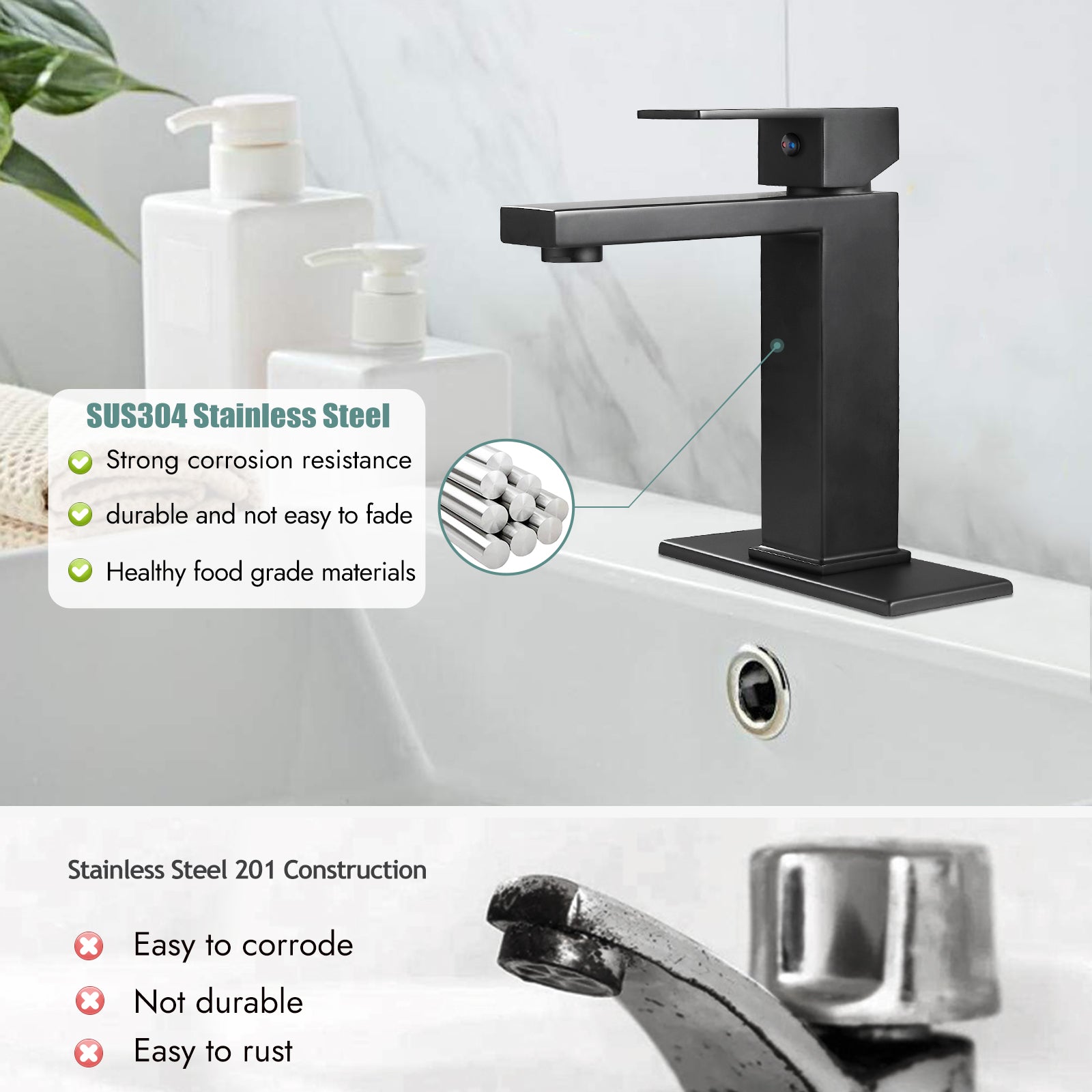 Heyalan Bathroom Sink Faucet SUS304 Stainless Steel Single Handle 1 Hole Basin Mixer Tap Deck Mount Vessel Sink Faucets Lavatory Vanity