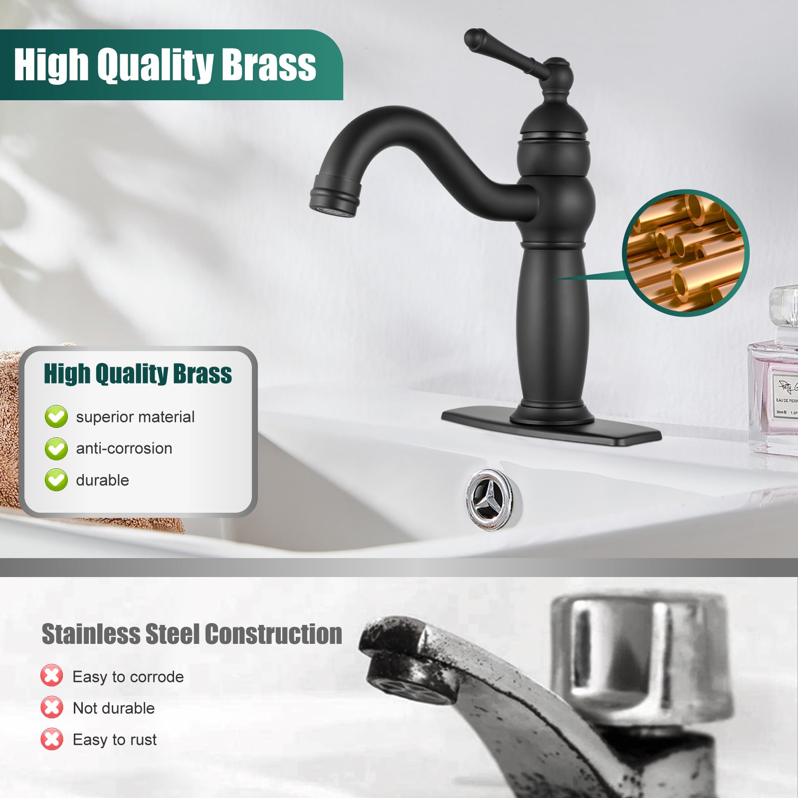 Heyalan Bathroom Faucet Brass Lavatory Sink Faucet Vanity Basin Single Hole Vintage Vessel Mixer Tap Deck Mounted Retro Hot and Cold Water Handle Solid Brass Pop-up Drain Included