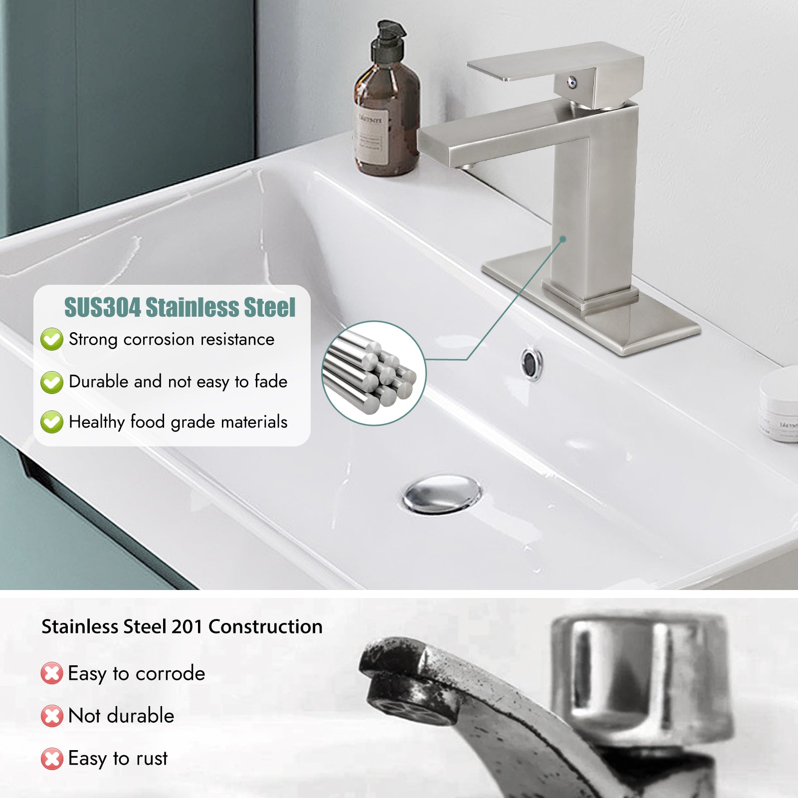 Heyalan Bathroom Sink Faucet SUS304 Stainless Steel Single Handle 1 Hole Basin Mixer Tap Deck Mount Vessel Sink Faucets Lavatory Vanity