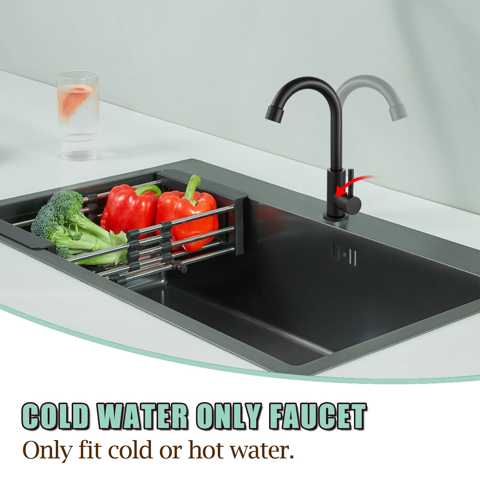 Cold Water Only Kitchen Faucet Single Handle 1 Hole Deck Mount 360 Degree Swivel Spout High Arc SUS304 Stainless Steel Sink Bar Tap Goose Neck with Hose(Drain Not Included)