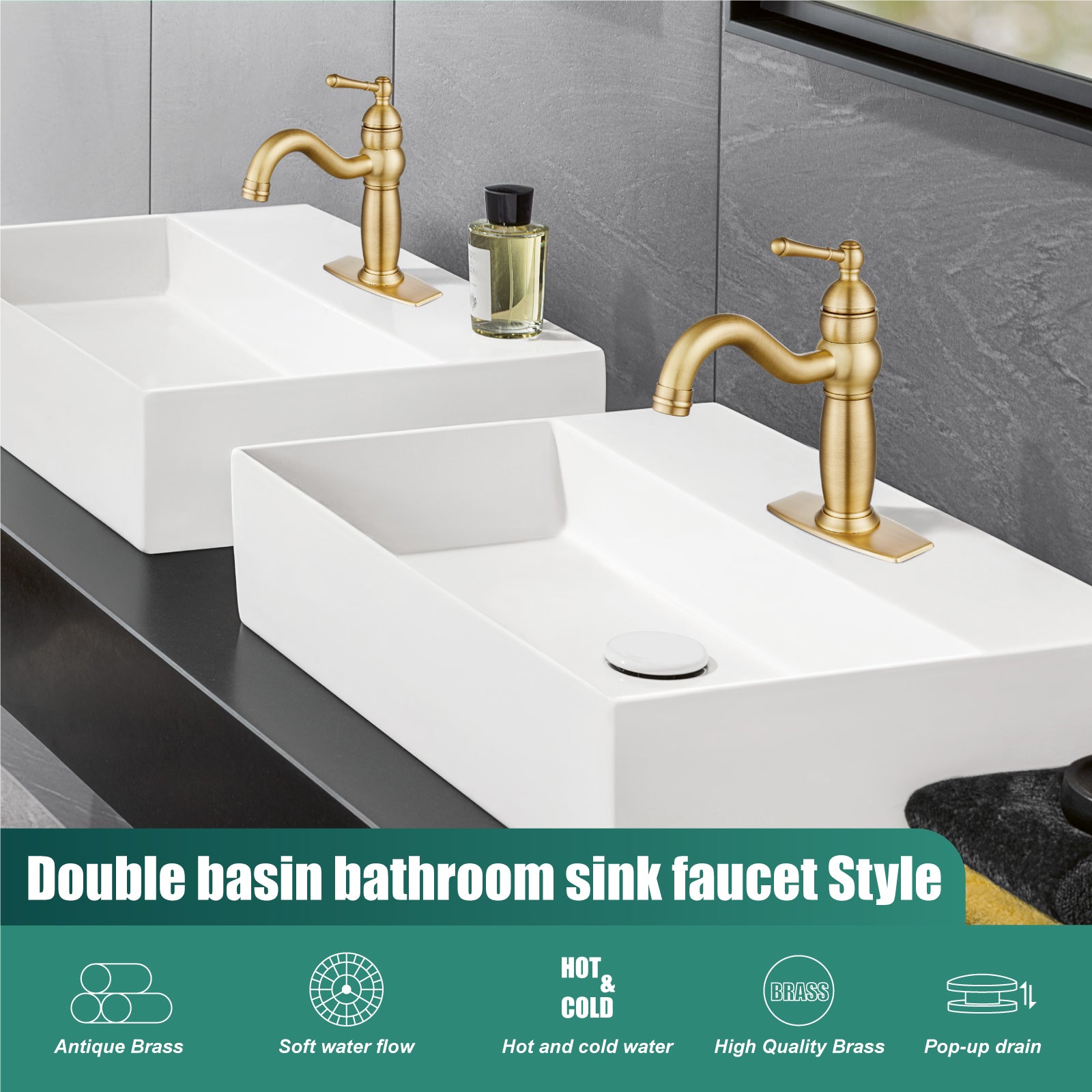 Heyalan Bathroom Faucet Brass Lavatory Sink Faucet Vanity Basin Single Hole Vintage Vessel Mixer Tap Deck Mounted Retro Hot and Cold Water Handle Solid Brass Pop-up Drain Included