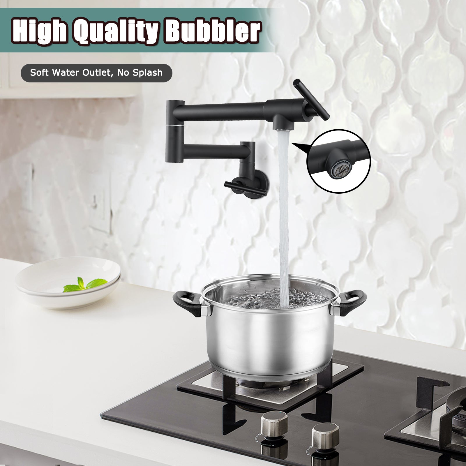Heyalan 19" Stainless Steel SUS304 Pot Filler Faucet Wall Mounted Double Joint Swing Folding Arms with Two Handles Single Hole Commercial Kitchen Sink Faucet to Control Water Stovetop