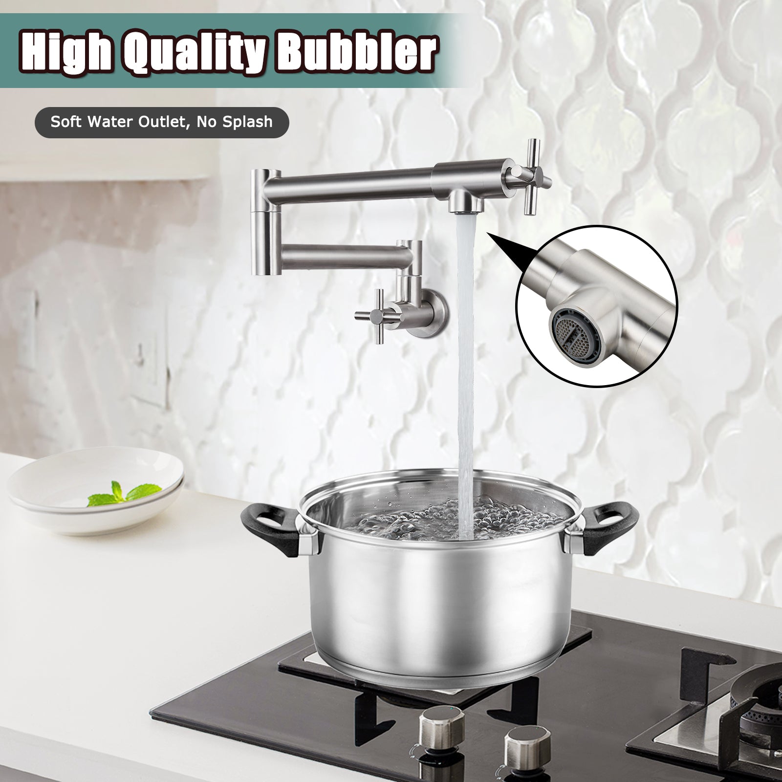 Heyalan Pot Filler Kitchen Faucet Stainless Steel SUS304 Two Cross Handle 19 Inch Single Hole Spout Wall Mounted Stretchable Swing Arm Commercial Kitchen Sink Faucet to Control Water
